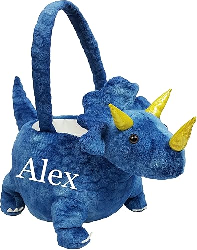 Canasta de caza de huevos de Pascua personalizada, canasta de dinosaurio de Pascua, diseño de triceratops con nombre bordado (azul oscuro con