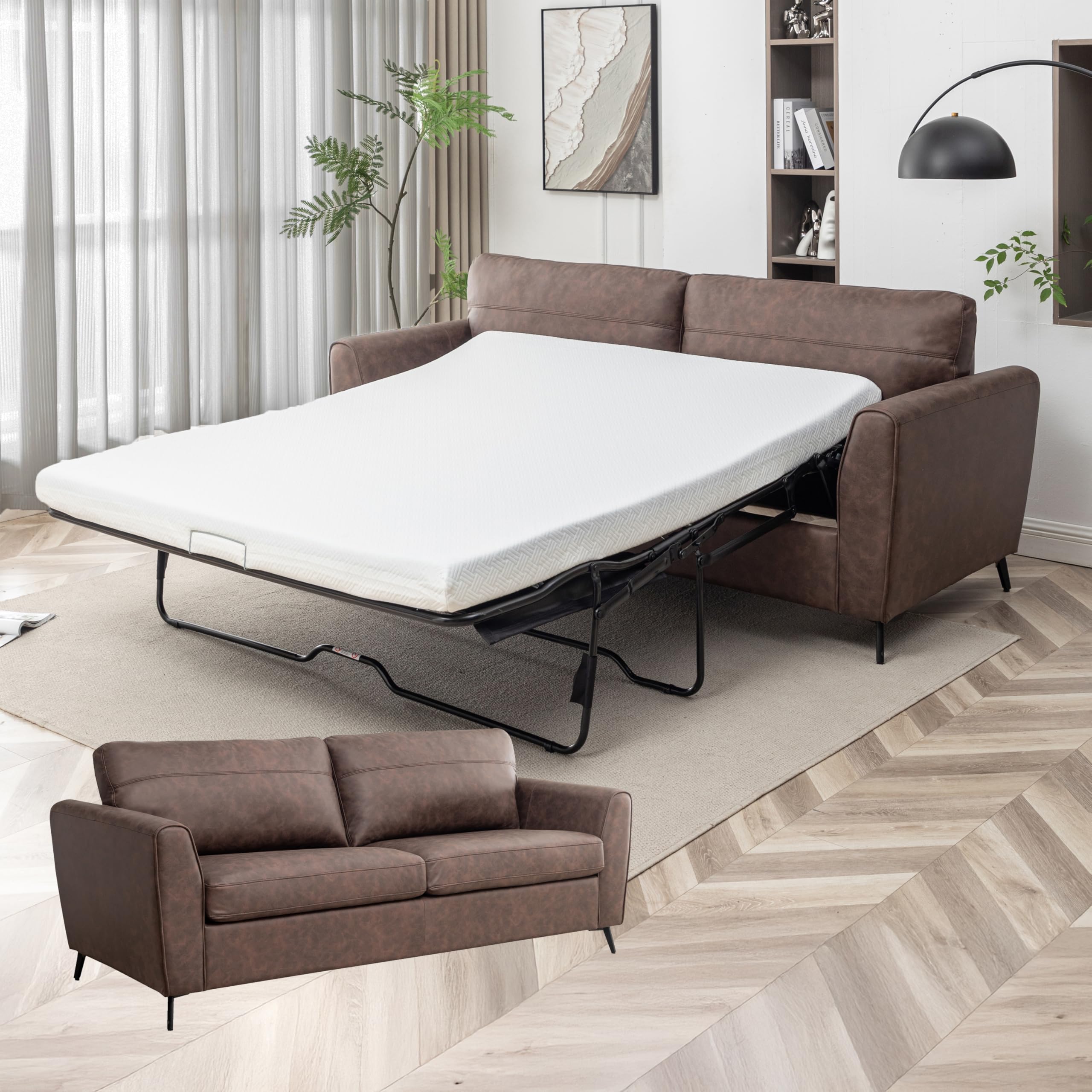 AC Pacific Luna Faux Leather Pull Out Couch Bed with Queen Size Memory Foam Mattress, Convertible Sofa for Living Room, Modern Foldable Sleeper