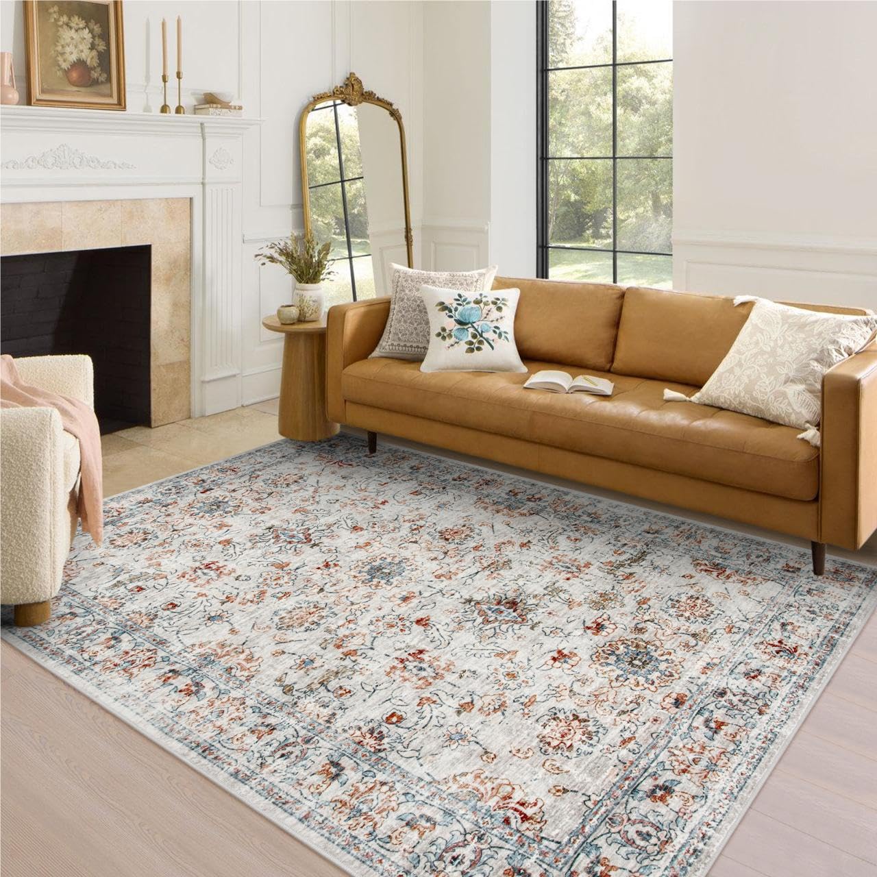 Wonnitar Washable Boho Area Rug 6x9 Rug for Bedroom,Floral Soft Rug for Living Room,Non Slip Dorm Room Throw Rug,Ultra Thin Non Shedding Large Carpet (6x9 ft,Light Grey/Multi)