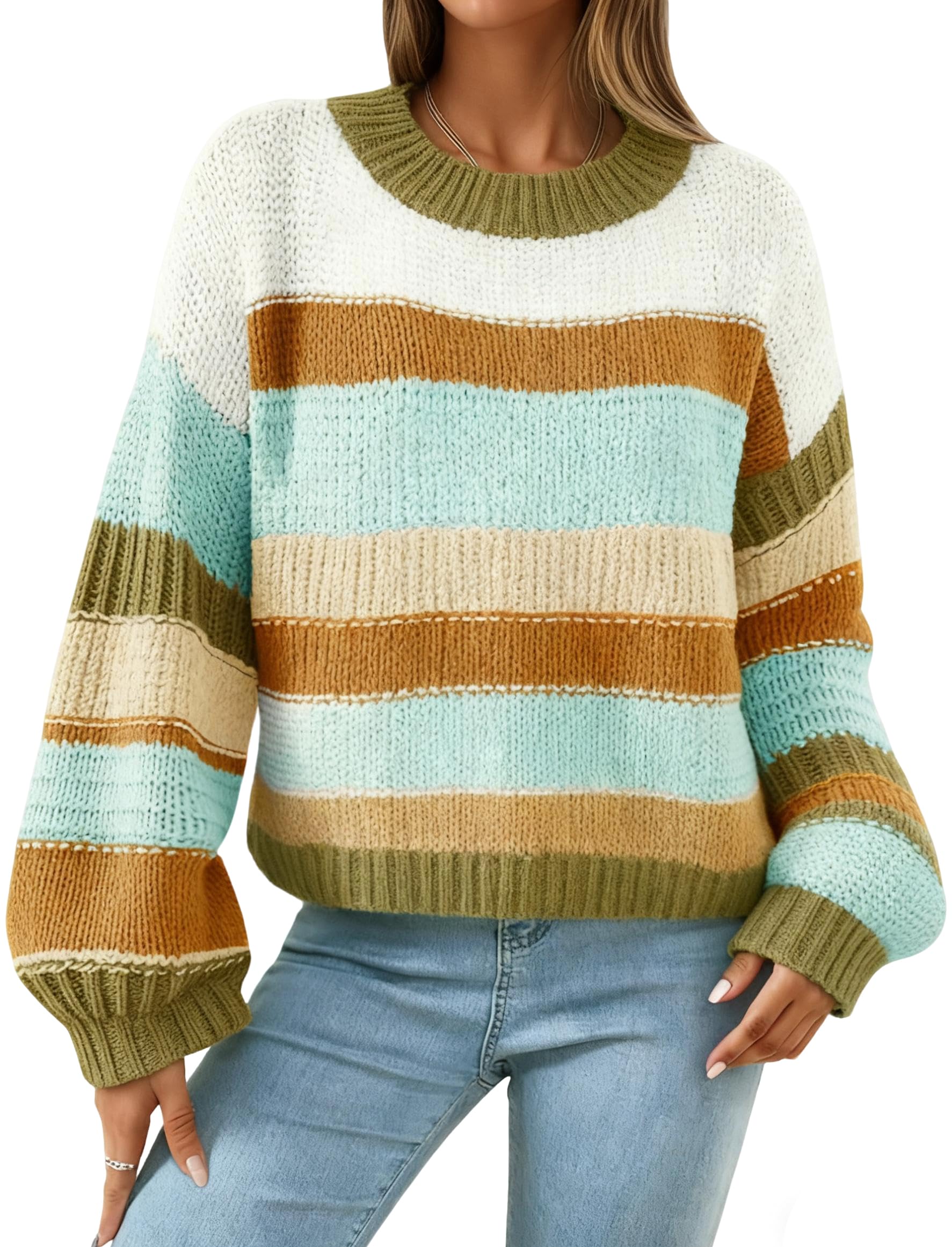 chouyatou Women Striped Chunky Pullover Sweaters Crewneck Fall Trendy Color Block Long Sleeve Knit Sweater Top