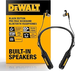 DEWALT Heavy Duty Black Edition 2-in-1 Neckband Bluetooth Headphones w/Built-in Speakers, Jobsite Wearable Speaker & Around Neck, Wireless Headset, 60+ Hrs Hands-Free Music & Calls, Carry Pouch