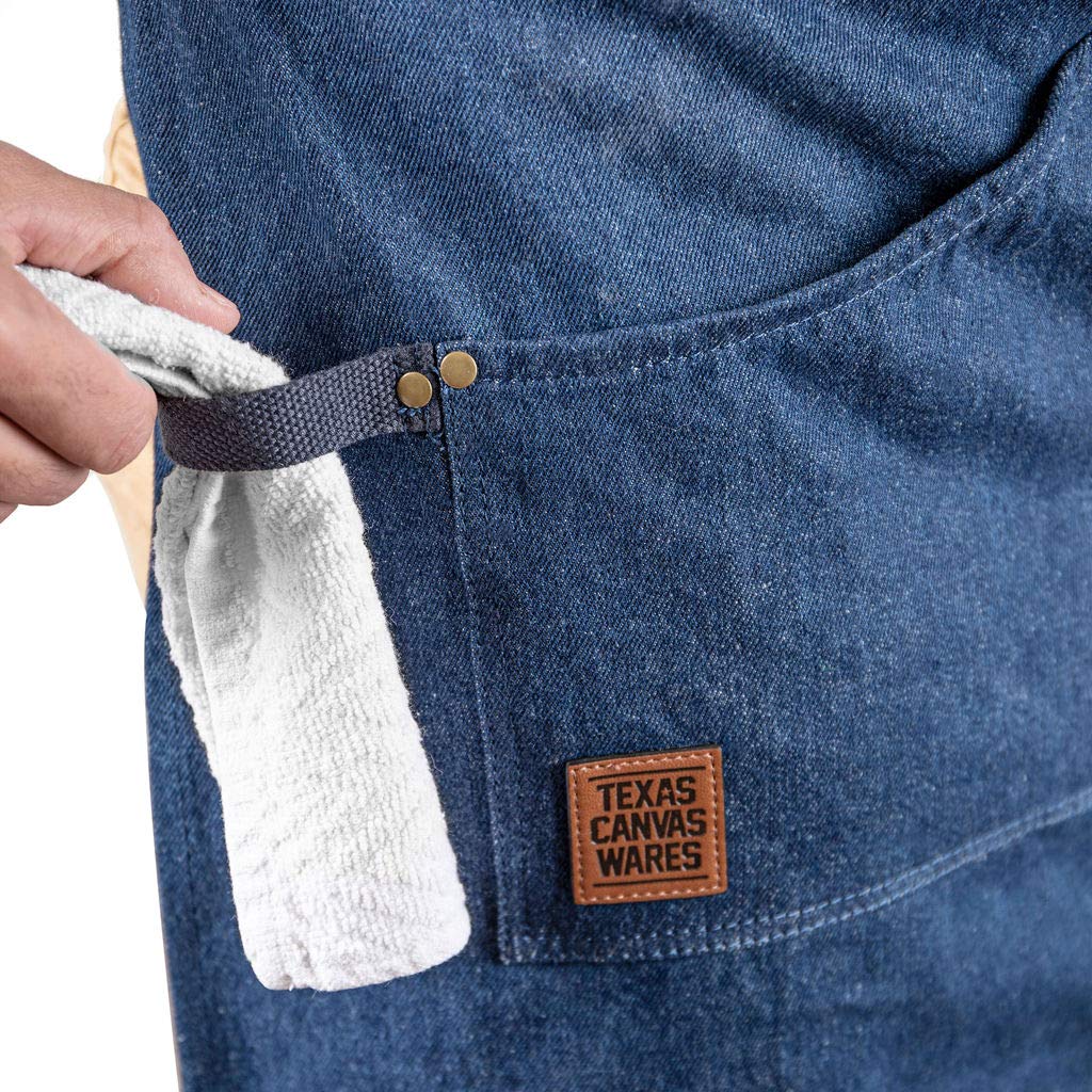 Texas Canvas Wares professionale del grado regolabile bavaglino grembiule per la cucina con 3 tasche per uomo, donna, cuoco, barbecue, griglia con il tovagliolo loop (blu, denim)