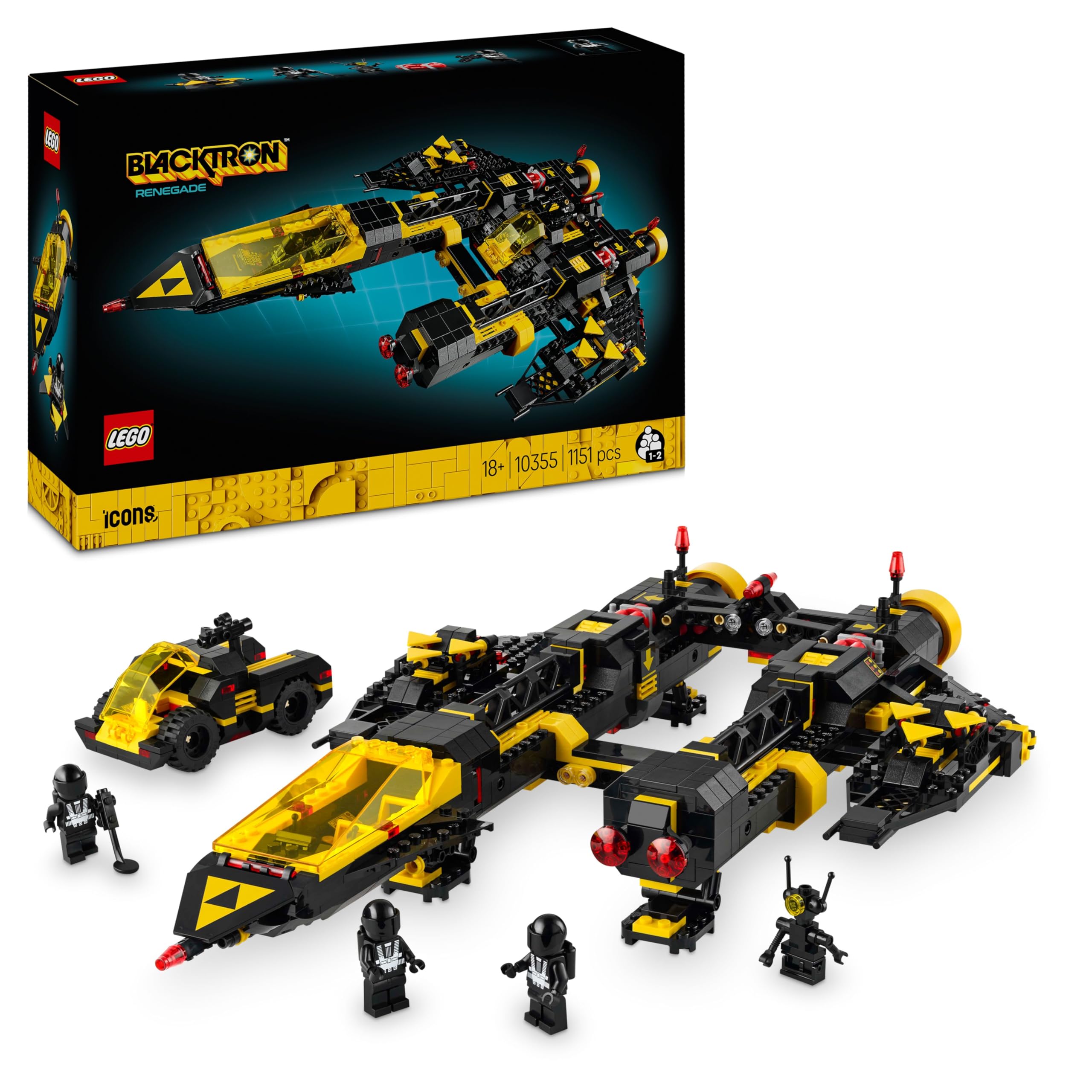 LEGO Icons Blacktron Renegade, Kit Modellismo per Adulti da Costruire, Astronave Asimmetrica Vintage con Design Modulare, Capsula, Rover e 3 Minifigure, Idea Regalo Uomo o Donna da Collezione 10355
