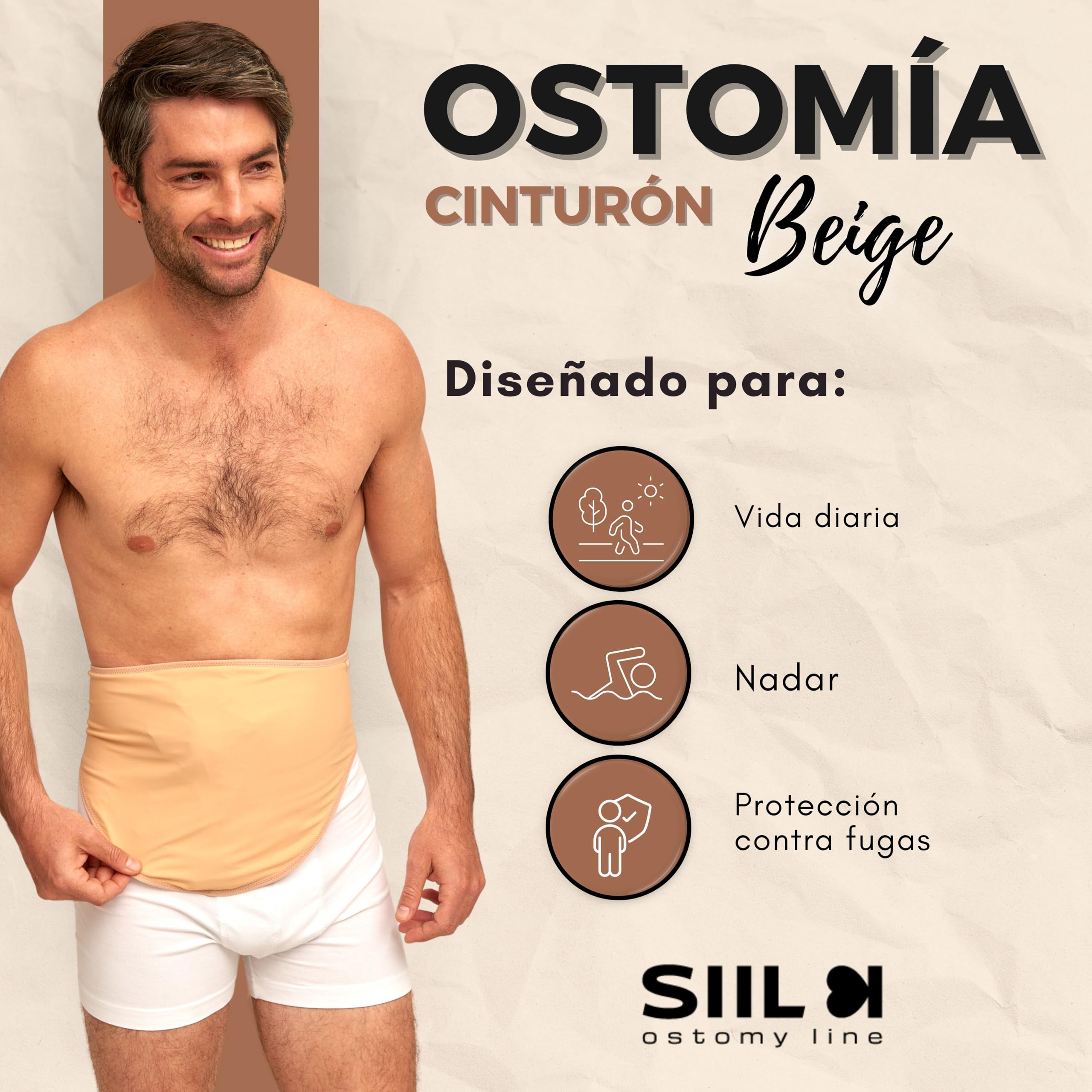 SIIL Cinturón de ostomía para hombres y mujeres, fundas de bolsa de estoma beige para colostomía, ileostomía y urostomía, cinturón de apoyo para estomas compatible con hollister de coloplast Convatec