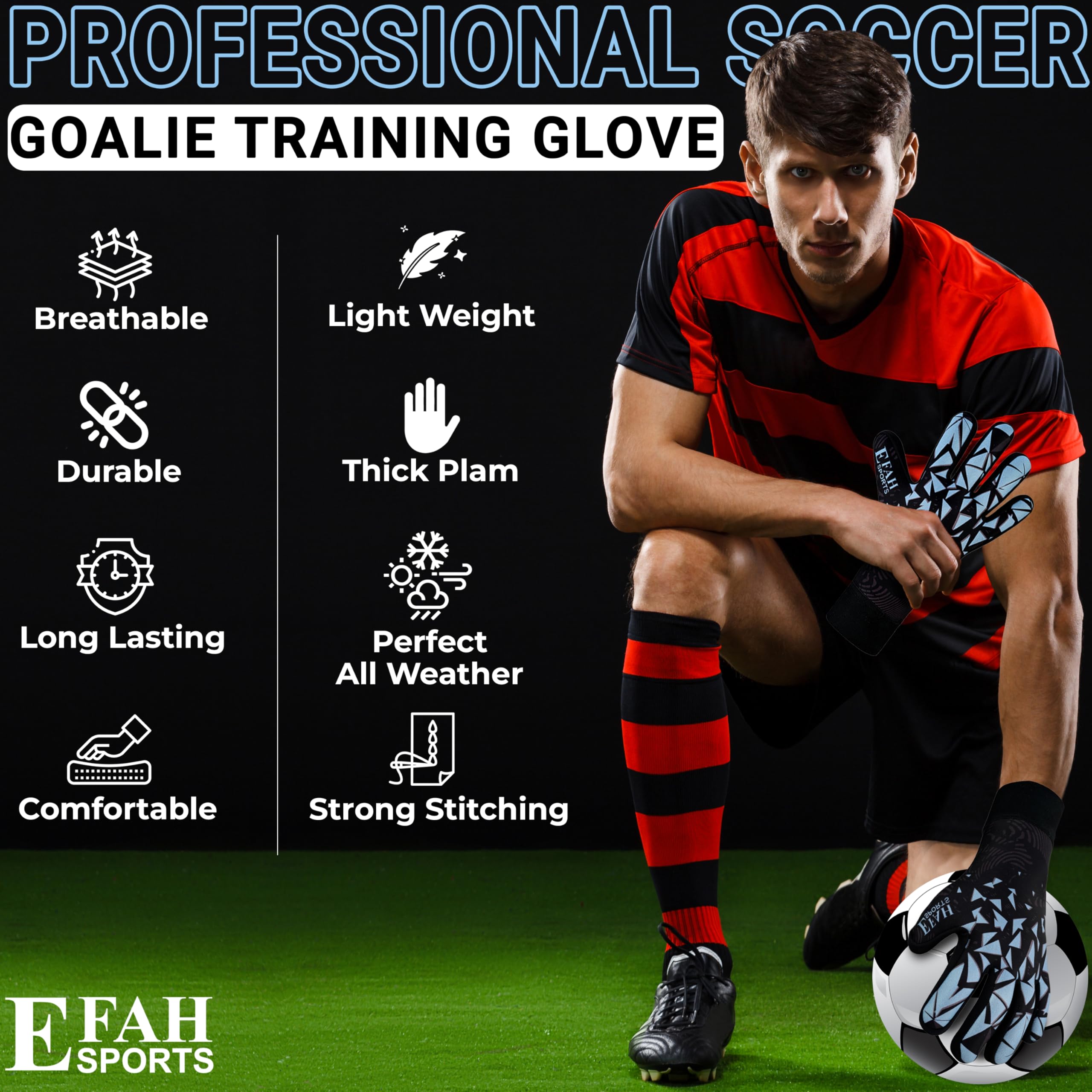 EFAH SPORTS Guanti da portiere calcio per bambini ragazzi e adulti con palmi ad alta presa ideali per allenamento e uso professionale