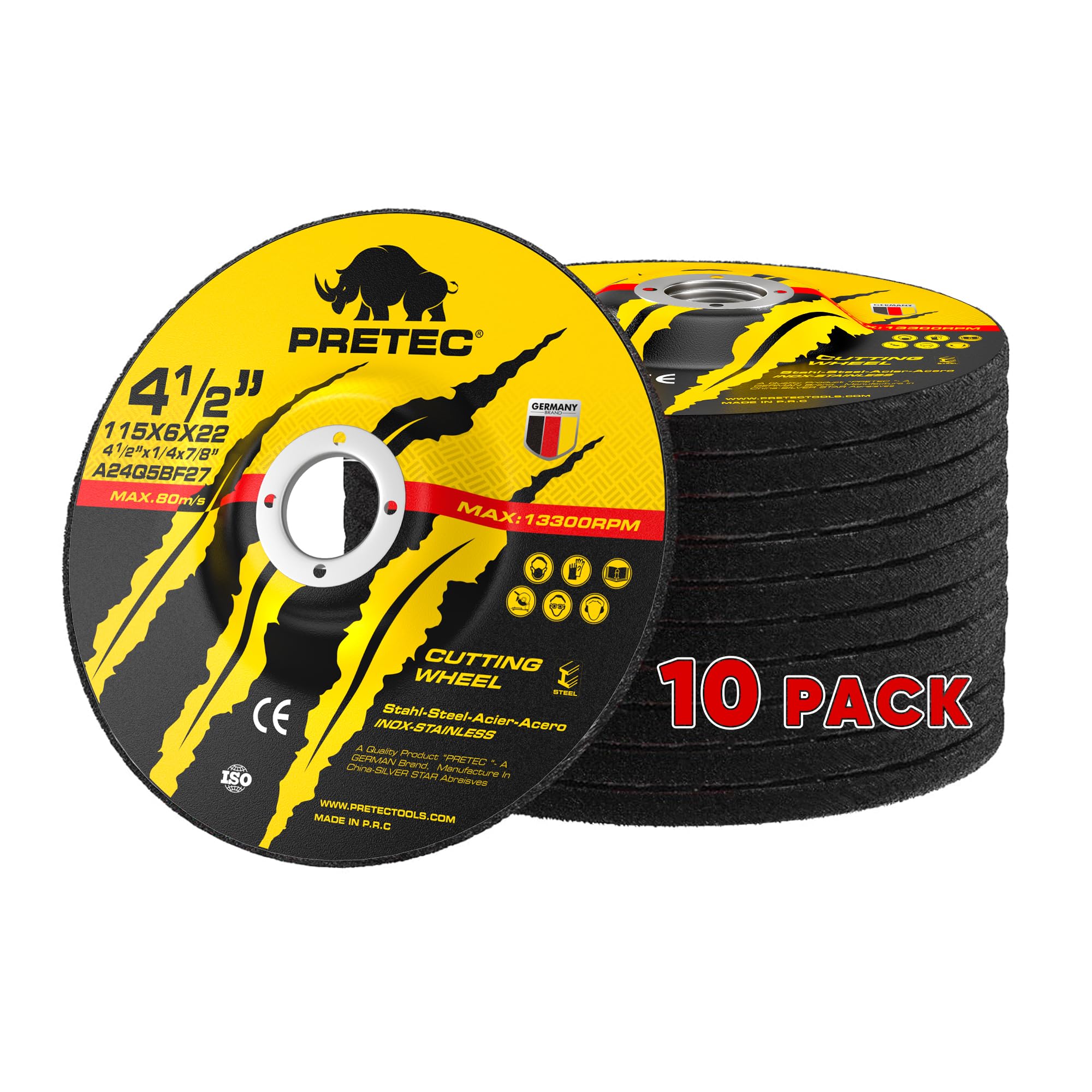 10 Pack Grinding Wheels 4-1/2 Inch, Aluminum Oxide 4.5 Grinding Wheel for Metal & Stainless Steel, Depressed Center Metal Grinding Discs 4 1/2 for Angle Grinder, 4.5" * 1/4" * 7/8"(115* 6.0*22.2 mm)