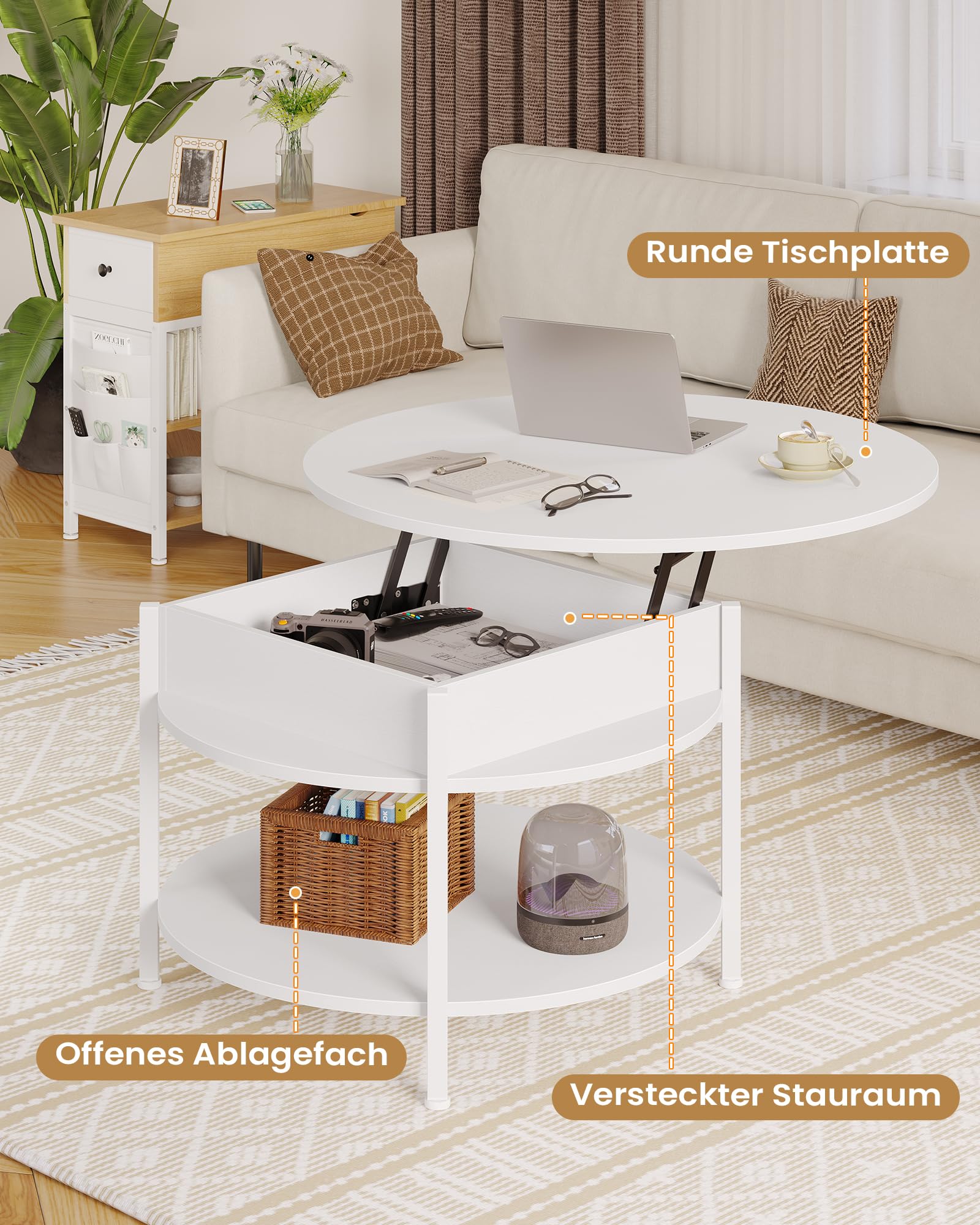 Couchtisch Rund mit Hebeplatte, Couchtisch Höhenverstellbarer, Beistelltisch, Wohnzimmertisch mit Verstecktem Stauraum, Offenem Fach, Metallrahmen, für Wohnzimmer, Büro, 70 x 70 x 50 cm, Weiß