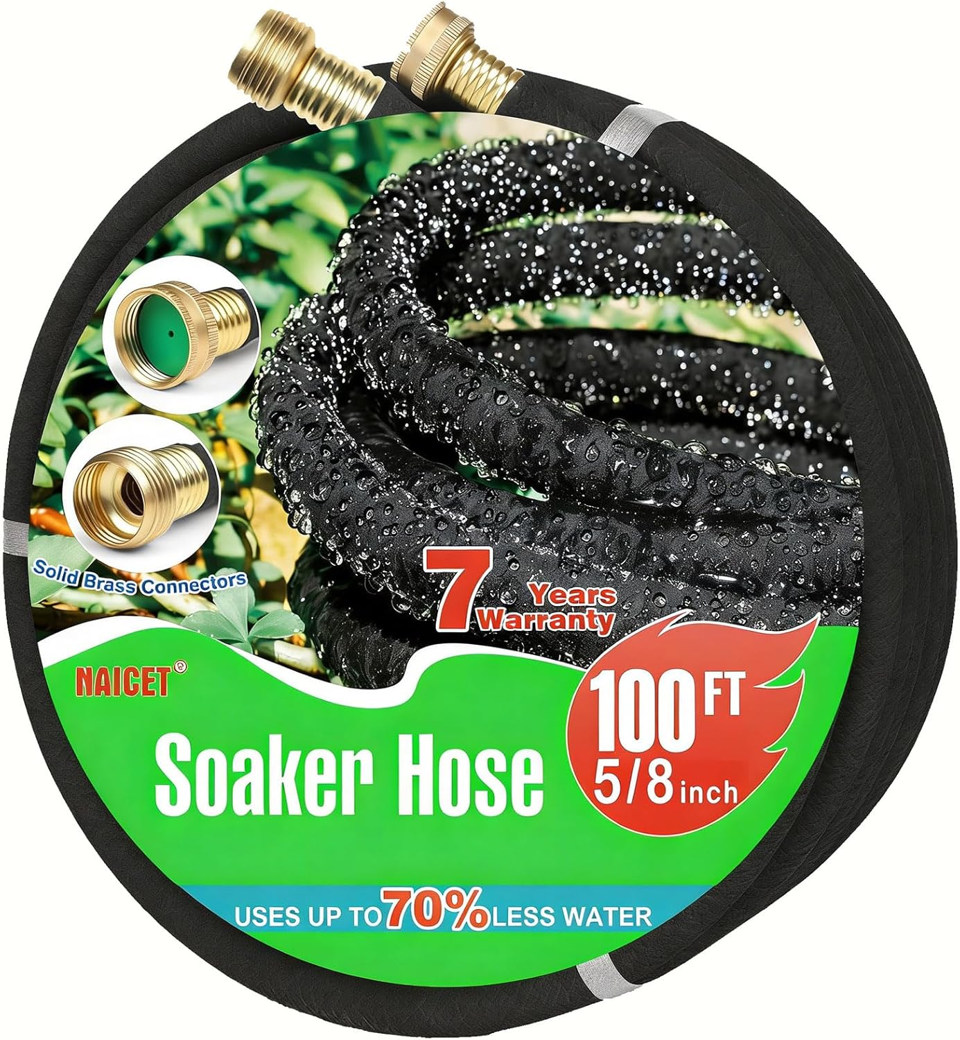 5/8" Round Soaker Hose 50 FT Heavy Duty Garden Soaker Hose for Rubber Drip Irrigation with Solid Brass Fitting Drip Hose for Garden Beds Vegetable Lawn Trees Watering
