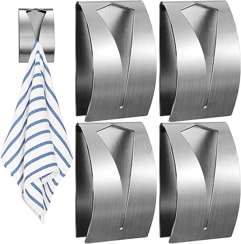 NANASO 4 soportes para toallas de cocina autoadhesivos, gancho de acero inoxidable para toallas de cocina, soporte de pared sin perforación, soporte