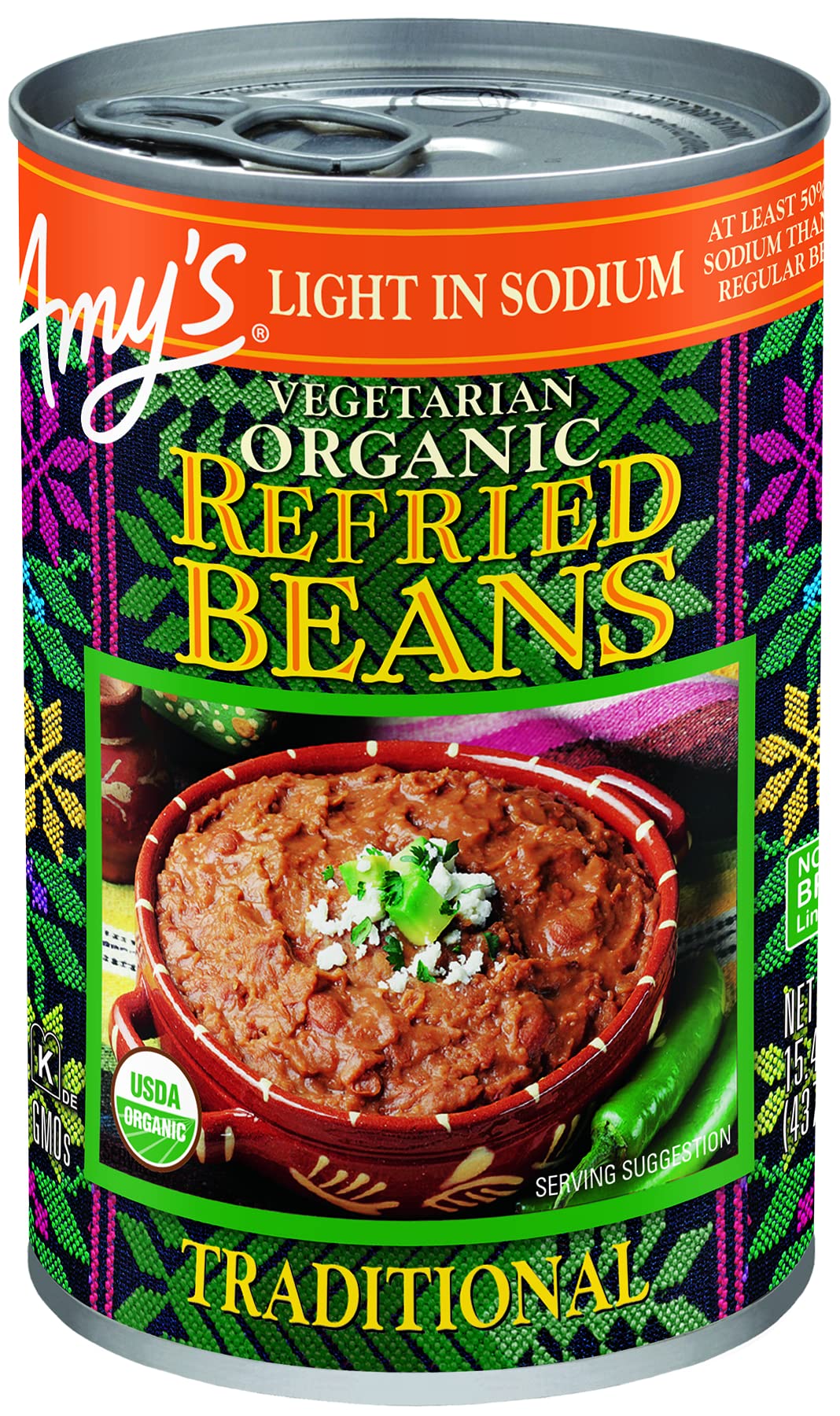 Amy'sOrganic Refried Beans Canned, Traditional Beans Light in Sodium, Vegan. Gluten Free and Vegetarian, 15.4 OzUSDA Organic