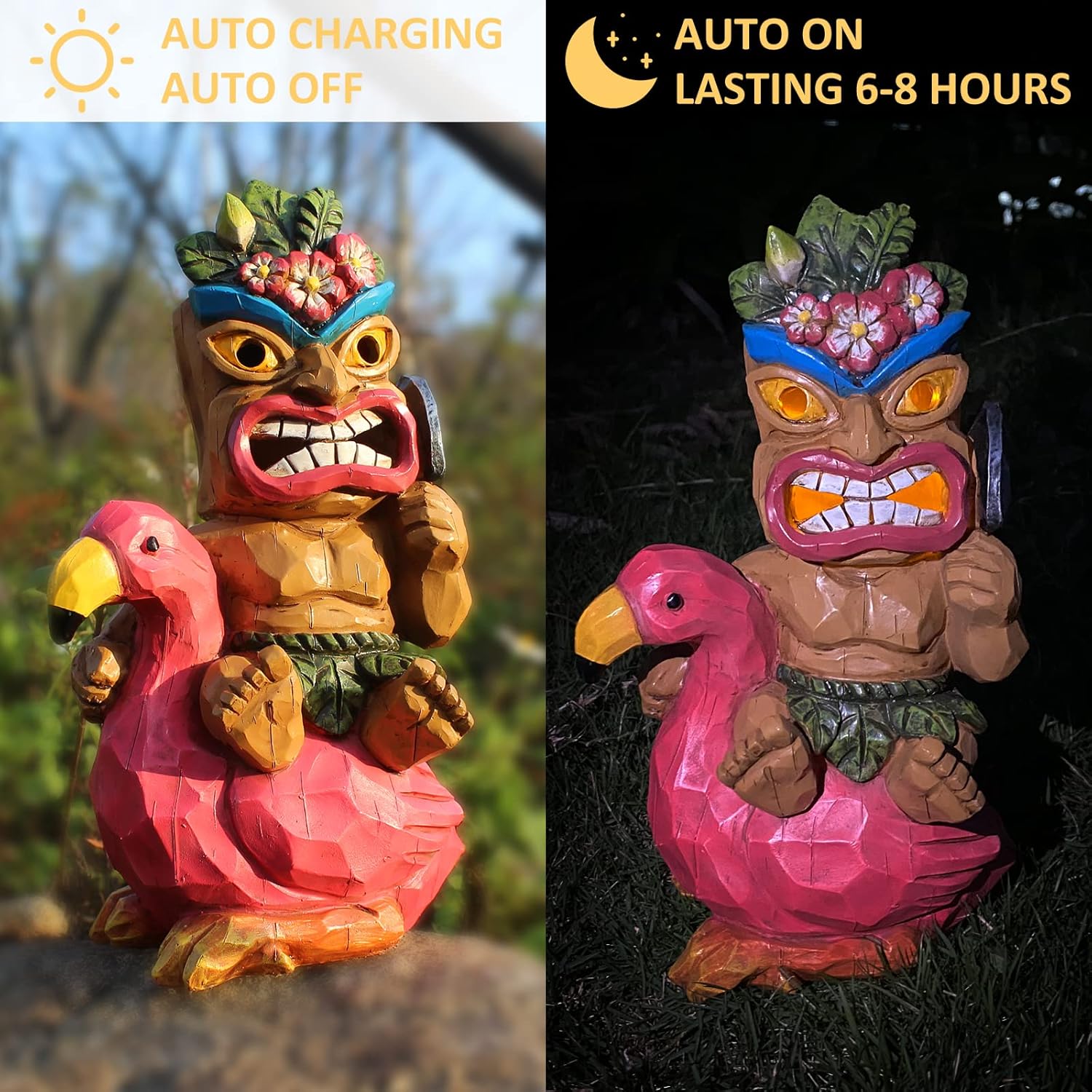 Solar Tiki Statue,Outdoor Statues - Statue-Tiki Bar Decor-Tiki Decorations Outdoor Patio Decor for Bar, Patio, Balcony, Yard,Lawn Ornament,Riding a Flamingos 10inch Tall