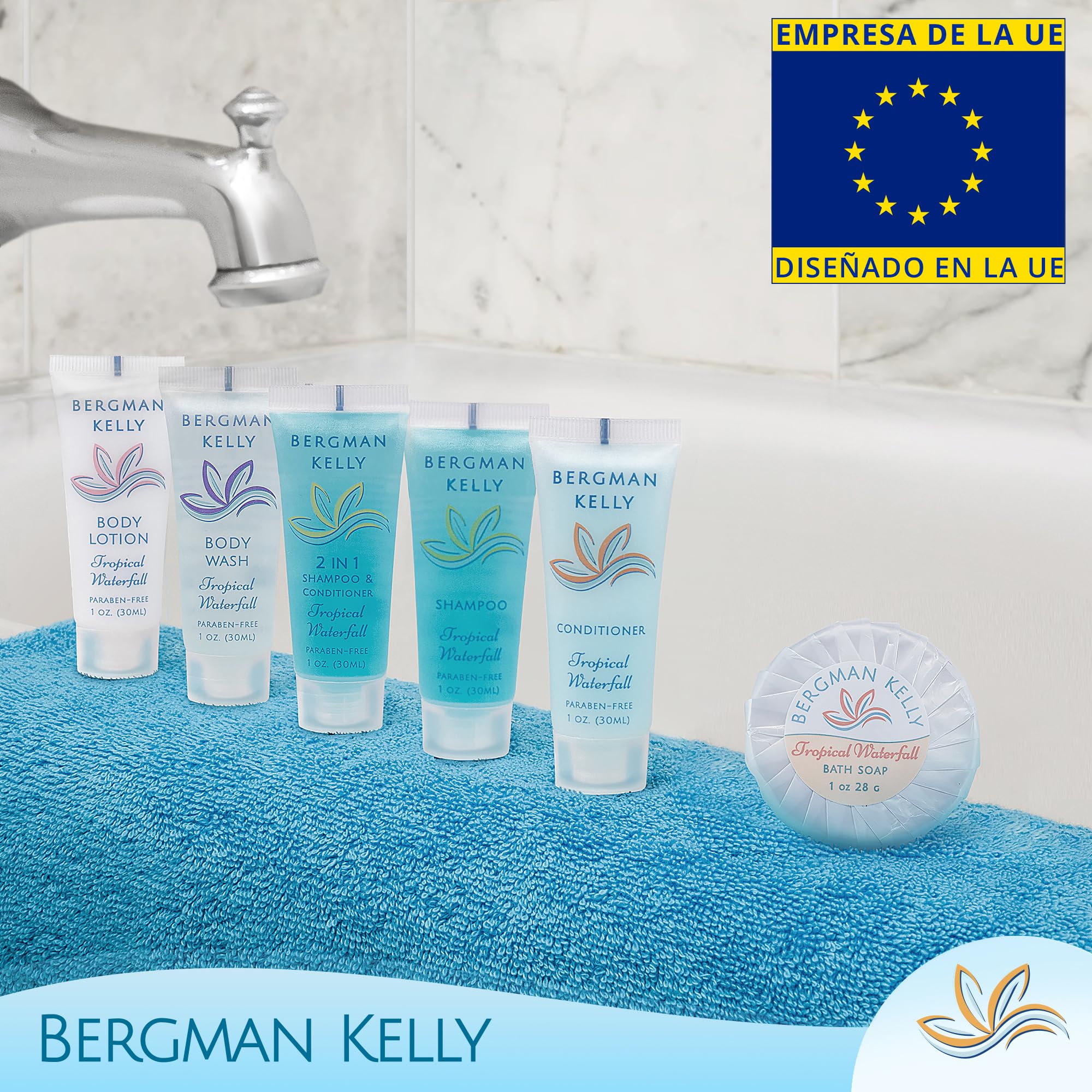 Lote de artículos de tocador del hotel Bergman Kelly - Cascada tropical, 30 ml cada uno, 200 unidades - Conjunto de 4 piezas: 50 pastillas de jabón, champú, acondicionador y loción corporal