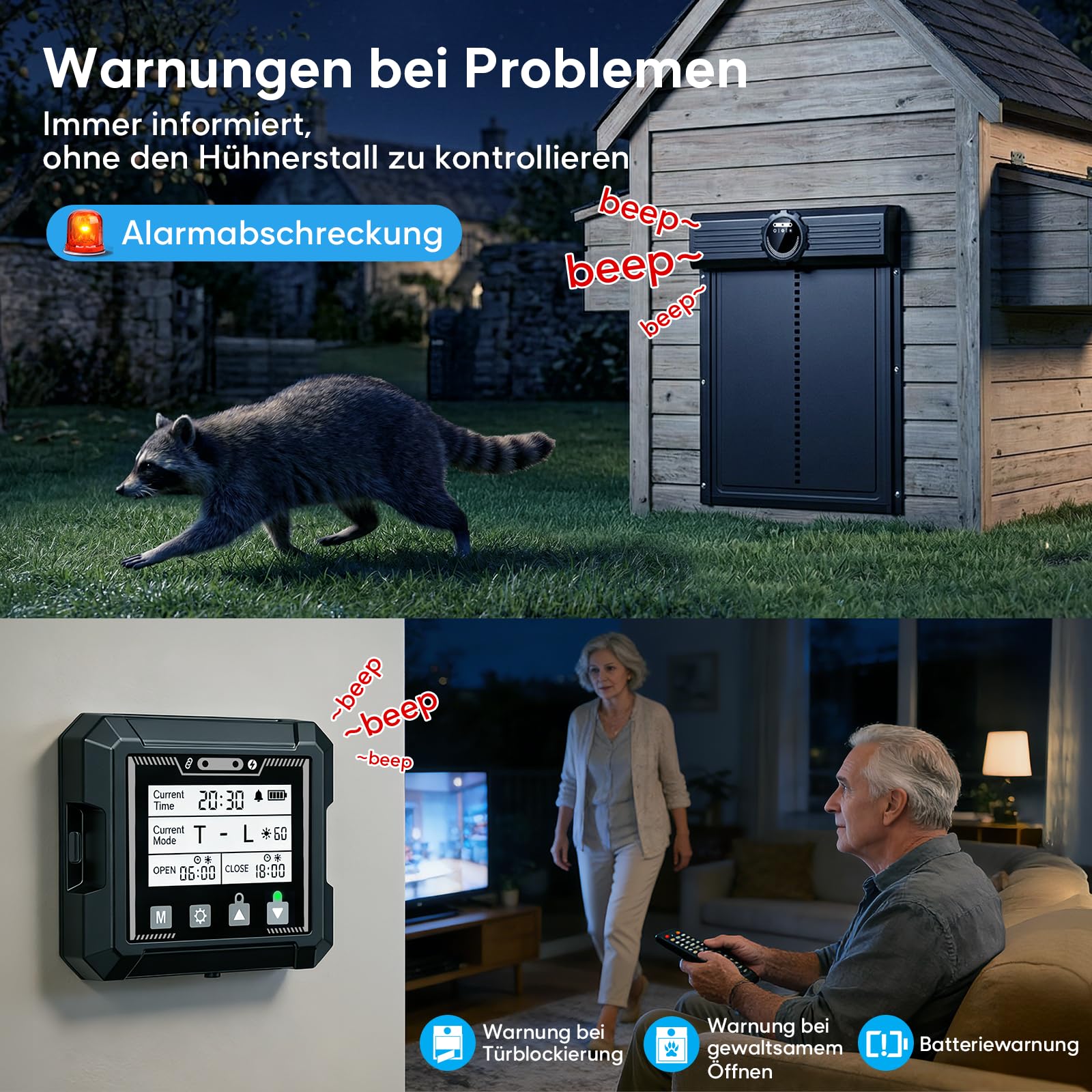 Kabellose Große Automatische Hühnerklappe Solar, MASTERFUN Aluminium Hühnerklappe Automatisch mit Lichtsensor, Timer, 7W-Solarpanel, Intelligenter Einklemmschutz, Elektrische Hühnertür
