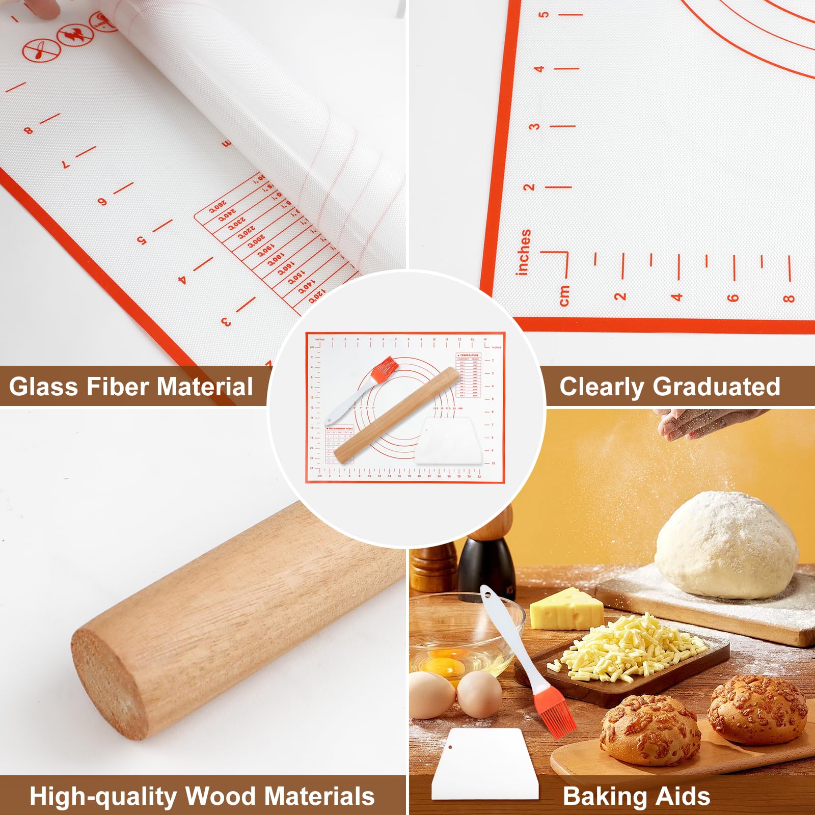 4er Set Nudelholz und Backmatte mit Backpinsel & Teigschaber, Antihaft-Silikon-Backmatte und Hölzerne Teigrolle zum Backen für Teig Brot Pizza Gebäck Plätzchen