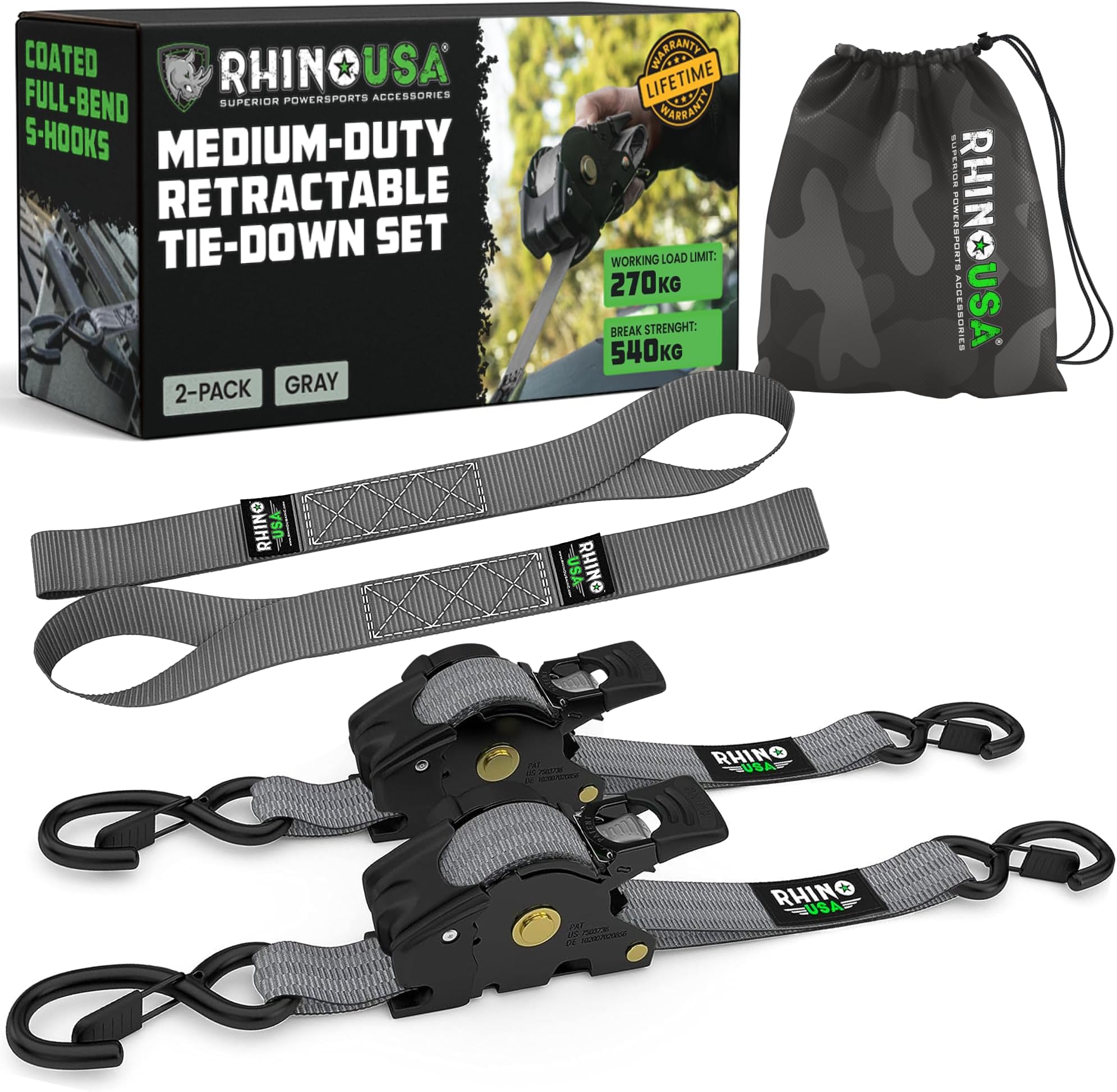 Rhino USA Retractable Ratchet Straps (2-Pack) - 2.5cm x 3m (540kg Break Strength) - Medium Duty Auto Self-Retracting Tie Down Straps for Truck, Cargo Trailer, Motorcycle, Bike & More - Grey