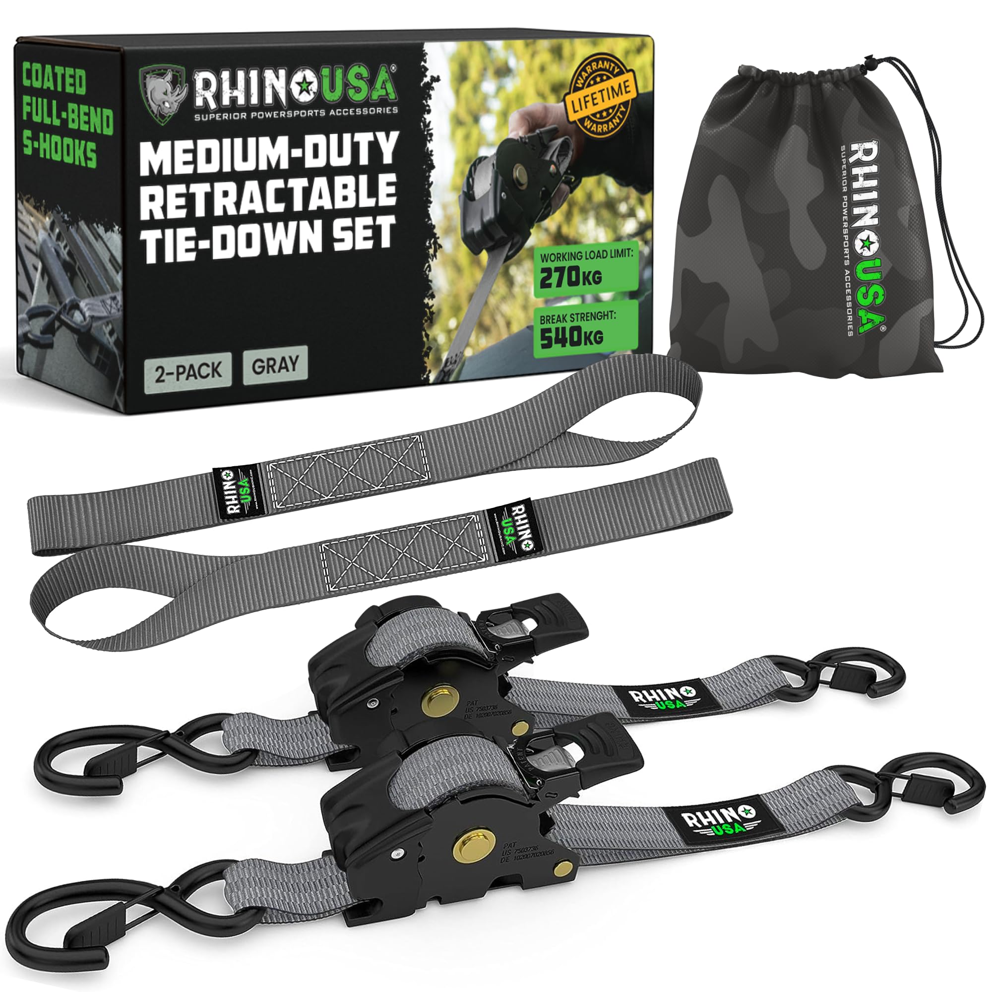 Rhino USA Retractable Ratchet Straps (2-Pack) - 2.5cm x 3m (540kg Break Strength) - Medium Duty Auto Self-Retracting Tie Down Straps for Truck, Cargo Trailer, Motorcycle, Bike & More - Grey