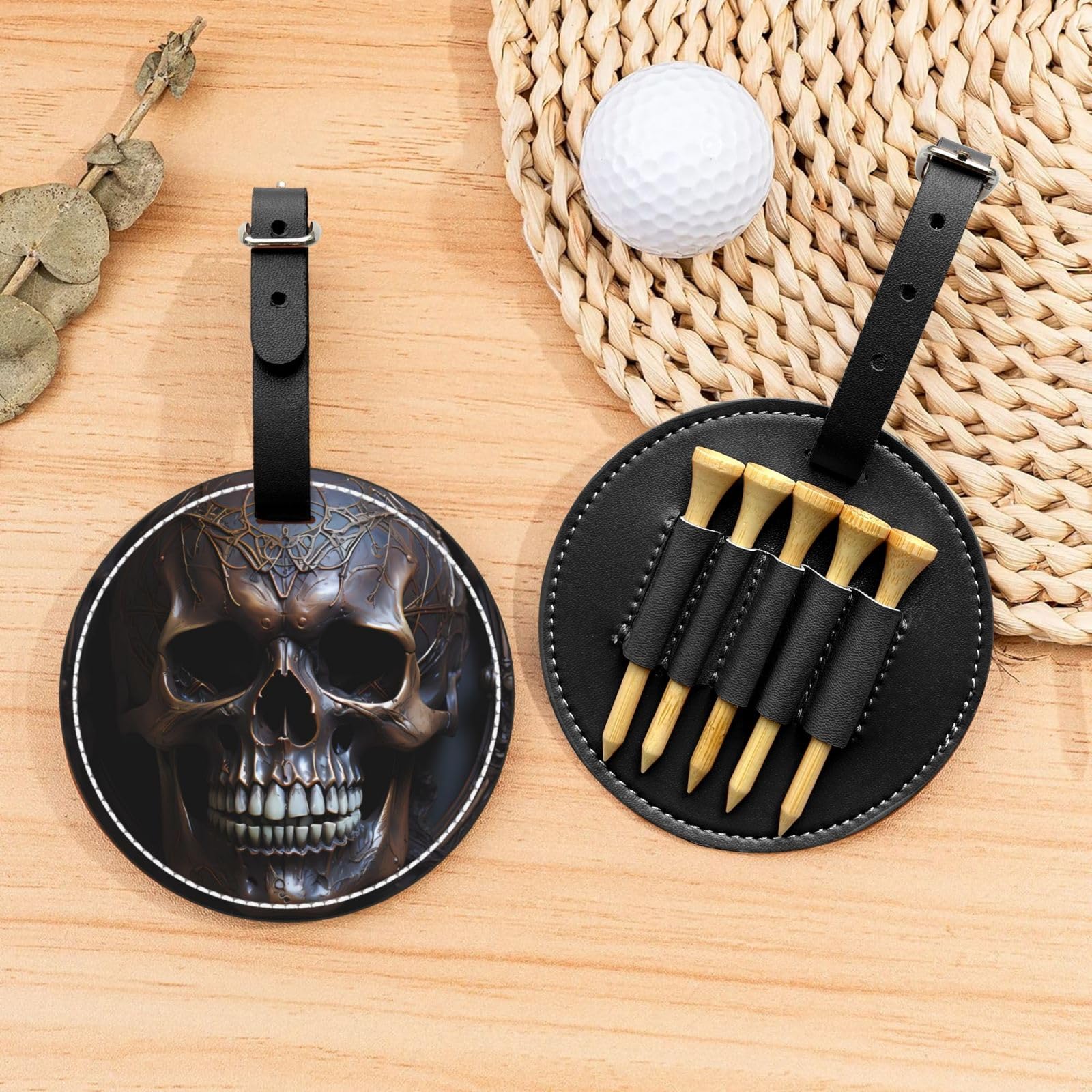 Copper-Colored Skull Black Printed Golf tee Storage Bag - Portable Design, Easy to Organize tee