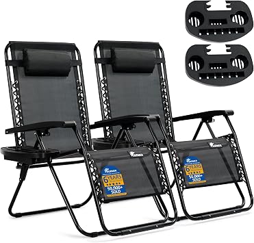 SUNMER XXL Sun Lounger Extra Wide Garden Chairs - Extra Wide Set of 2 Zero Gravity Chairs with Cup & Phone Holder, Adjustable Headrest & Pillow - Folding Deck Recliner Outdoor Seating - Black