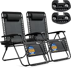 SUNMER XXL Sun Lounger Extra Wide Garden Chairs - Extra Wide Set of 2 Zero Gravity Chairs with Cup & Phone Holder, Adjustable Headrest & Pillow - Folding Deck Recliner Outdoor Seating - Black