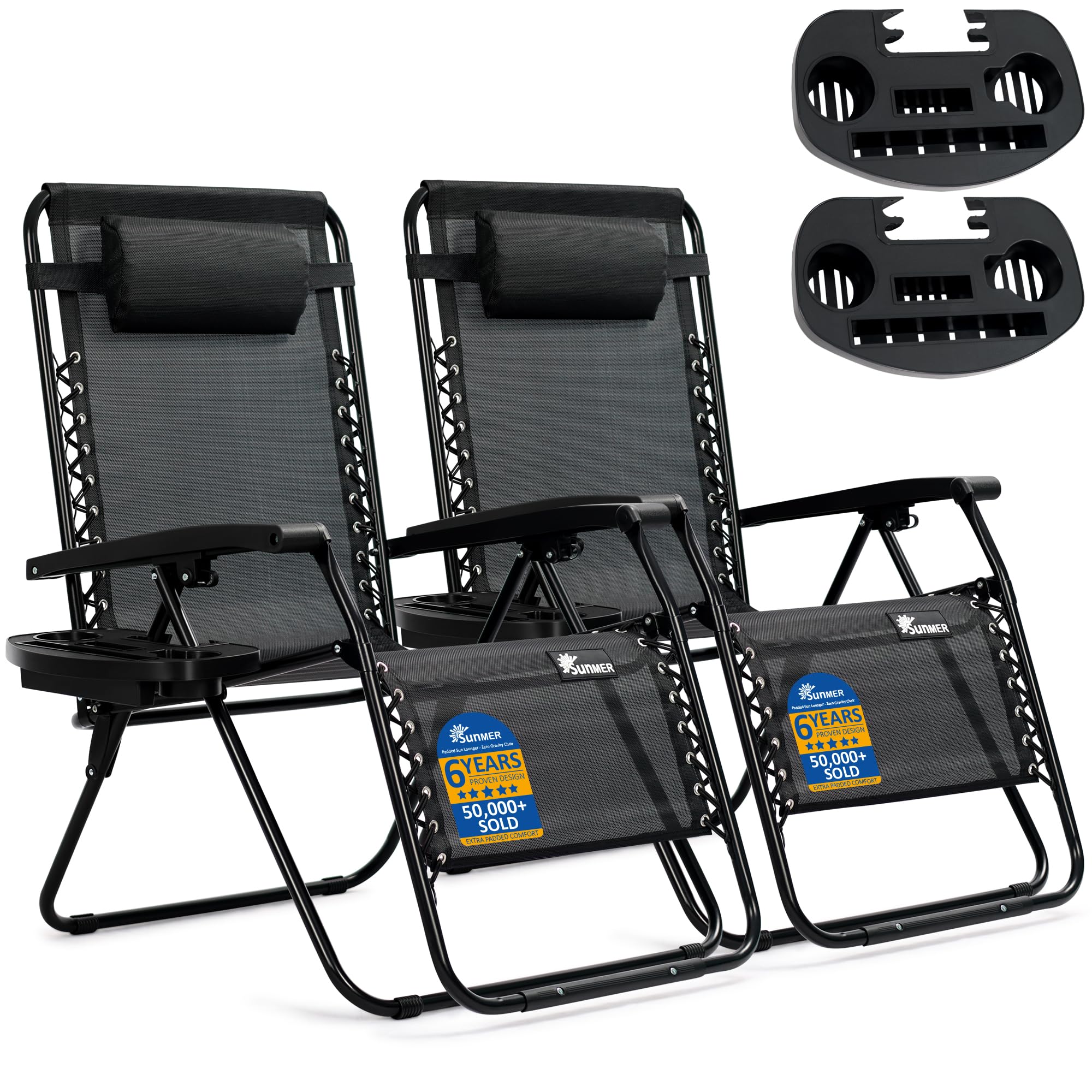 SUNMER XXL Sun Lounger Extra Wide Garden Chairs - Extra Wide Set of 2 Zero Gravity Chairs with Cup & Phone Holder, Adjustable Headrest & Pillow - Folding Deck Recliner Outdoor Seating - Black
