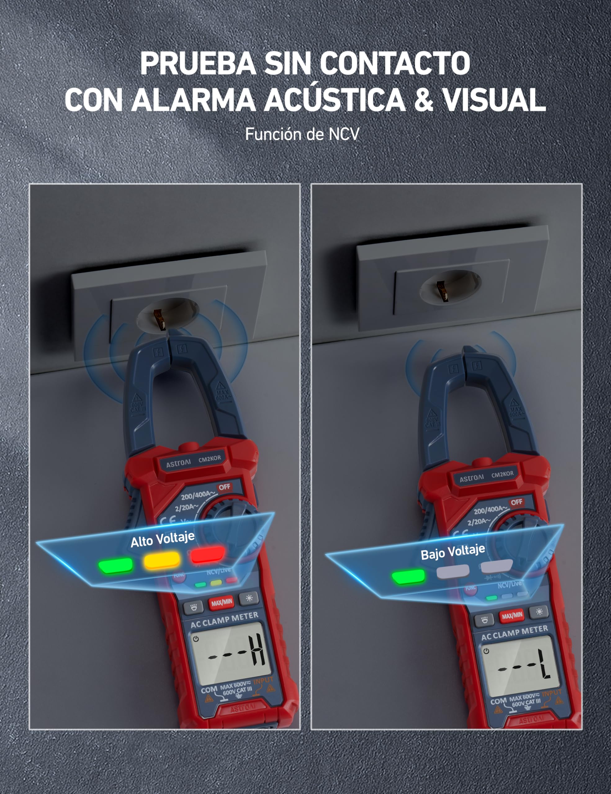 AstroAI Pinza Ampérimetrica, Multímetro Digital Profesional, Polímetro, Voltímetro, Tester para Corriente CA, Voltaje CA/CC, Resistencia, Frecuencia, Capacitancia, Continuidad, Diodos de Prueba — view 3