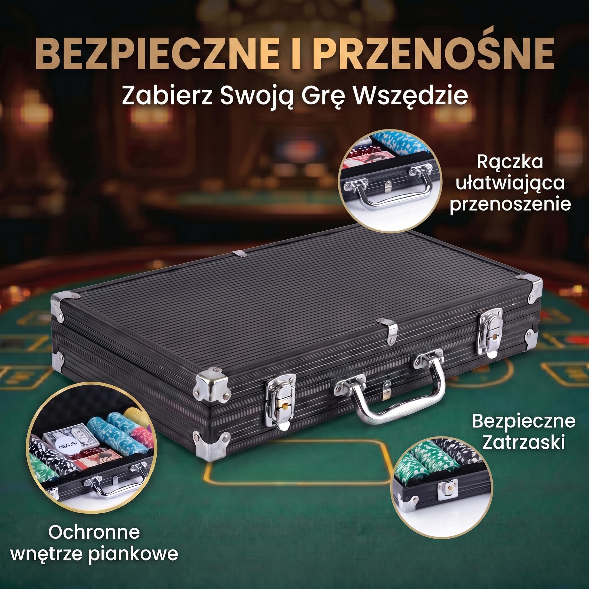 Profesjonalny zestaw do pokera z walizką zawierającą 300-500 żetonów; wysokiej jakości żetony do pokera; talia do pokera, talia kart, karty do pokera, kości, przycisk krupiera (Czarny, 300 żetony)
