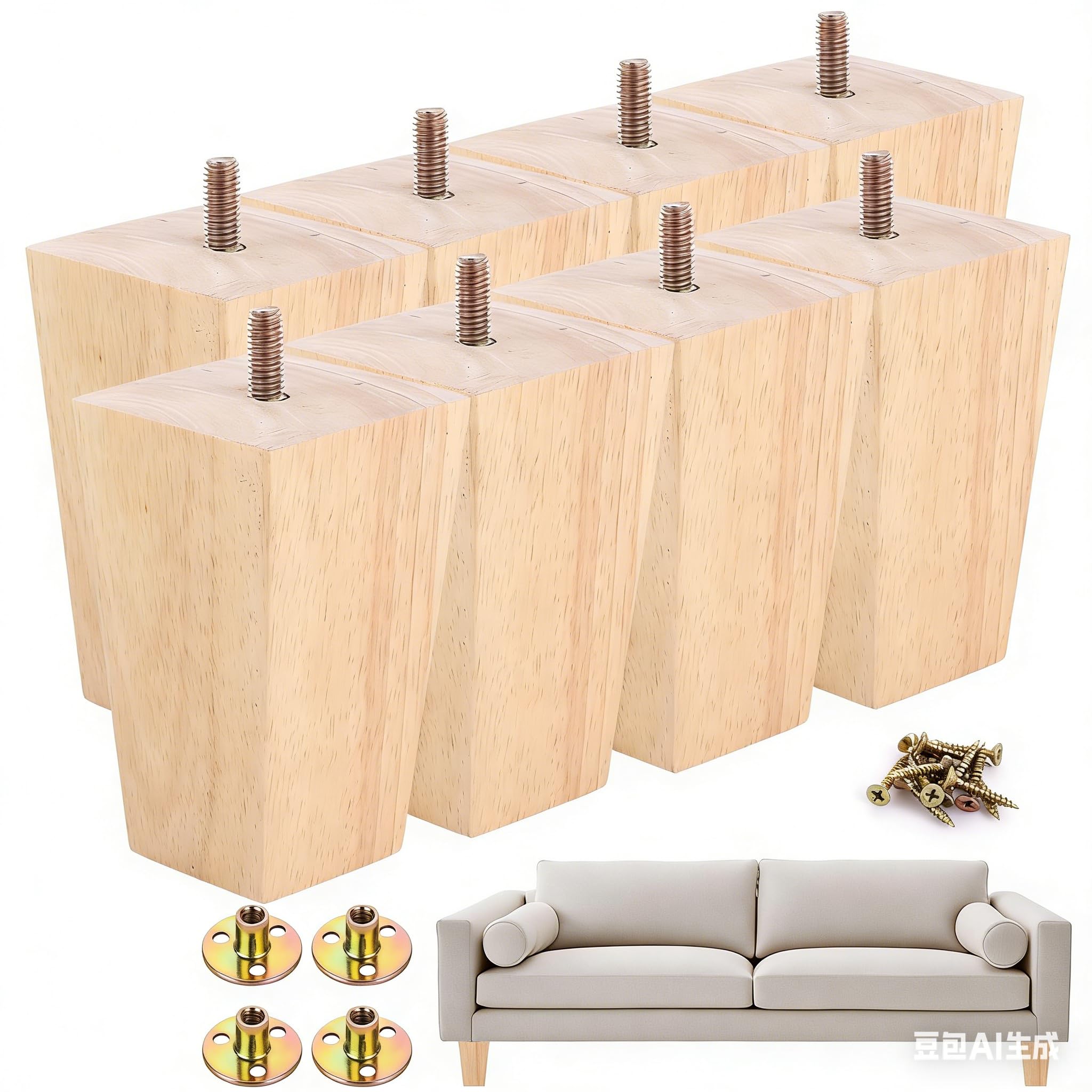 CYEER Wooden Furniture Feets 10cm Set of 8, RubberWood Sofa Feet Table Legs Chair Legs Furniture Leg Sofa Replacement Leg with Mounting Plates and Screws for Cabinet Sofa Chairs, beds