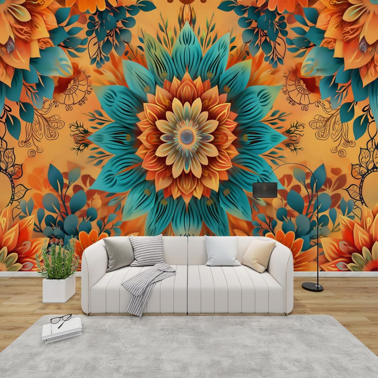 Mandala fototapeta do sypialni, wzór 3D etniczny brązowy włóknina do salonu rustykalne kwiaty dekoracja ścienna tapeta do pokoju dziecięcego, 150 cm x 105 cm