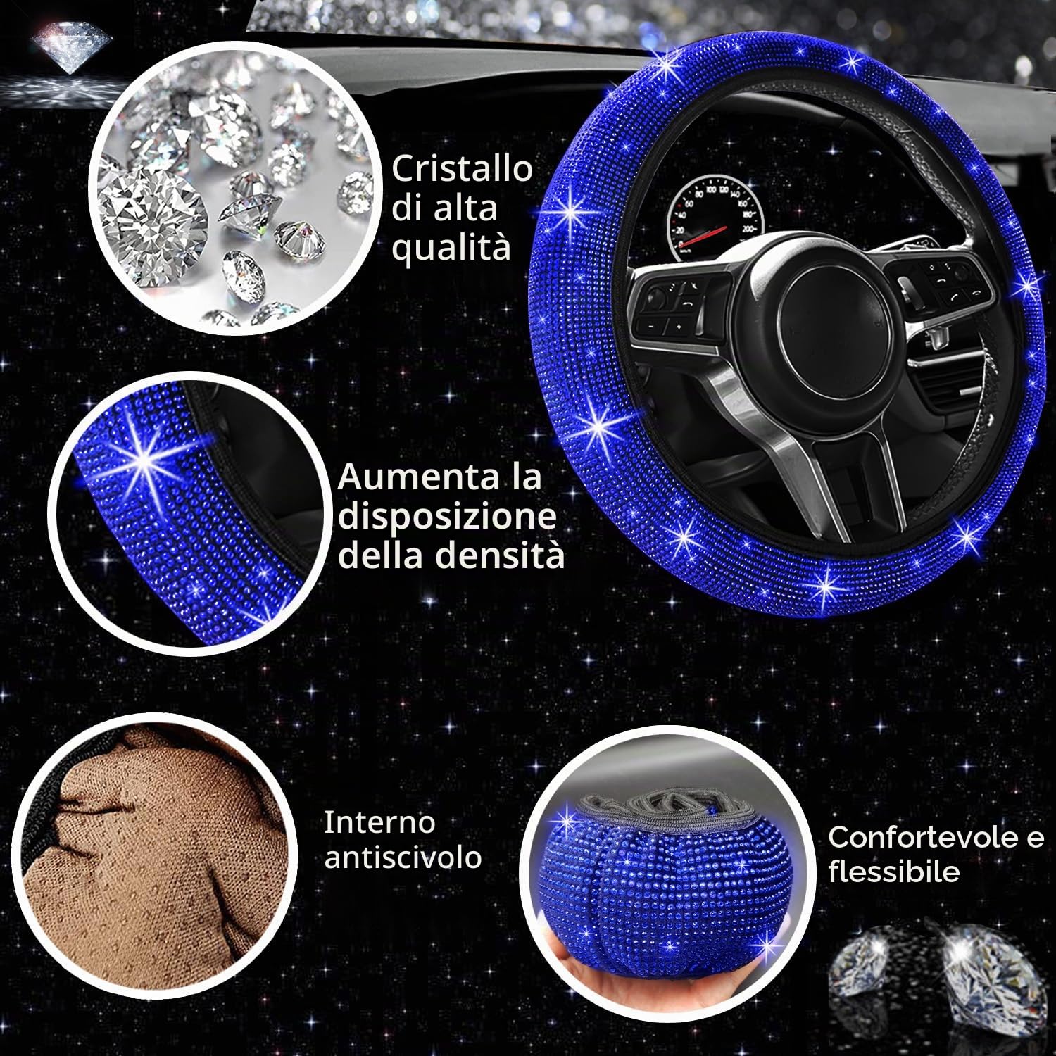 NBTEPEM Set di 27 accessori per auto blu da donna, coprivolante luccicante, universale, misura 38 cm, cornice per targa con strass, supporto per telefono, sottobicchieri per auto (diamante blu)