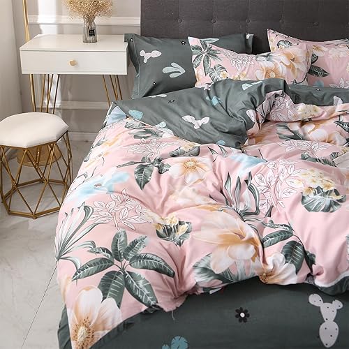 Miniatura 5 de Funda de edredón floral tamaño individual juego de cama suave y transpirable con cierre de cremallera y lazos en las esquinas, 2 piezas, 1 funda de