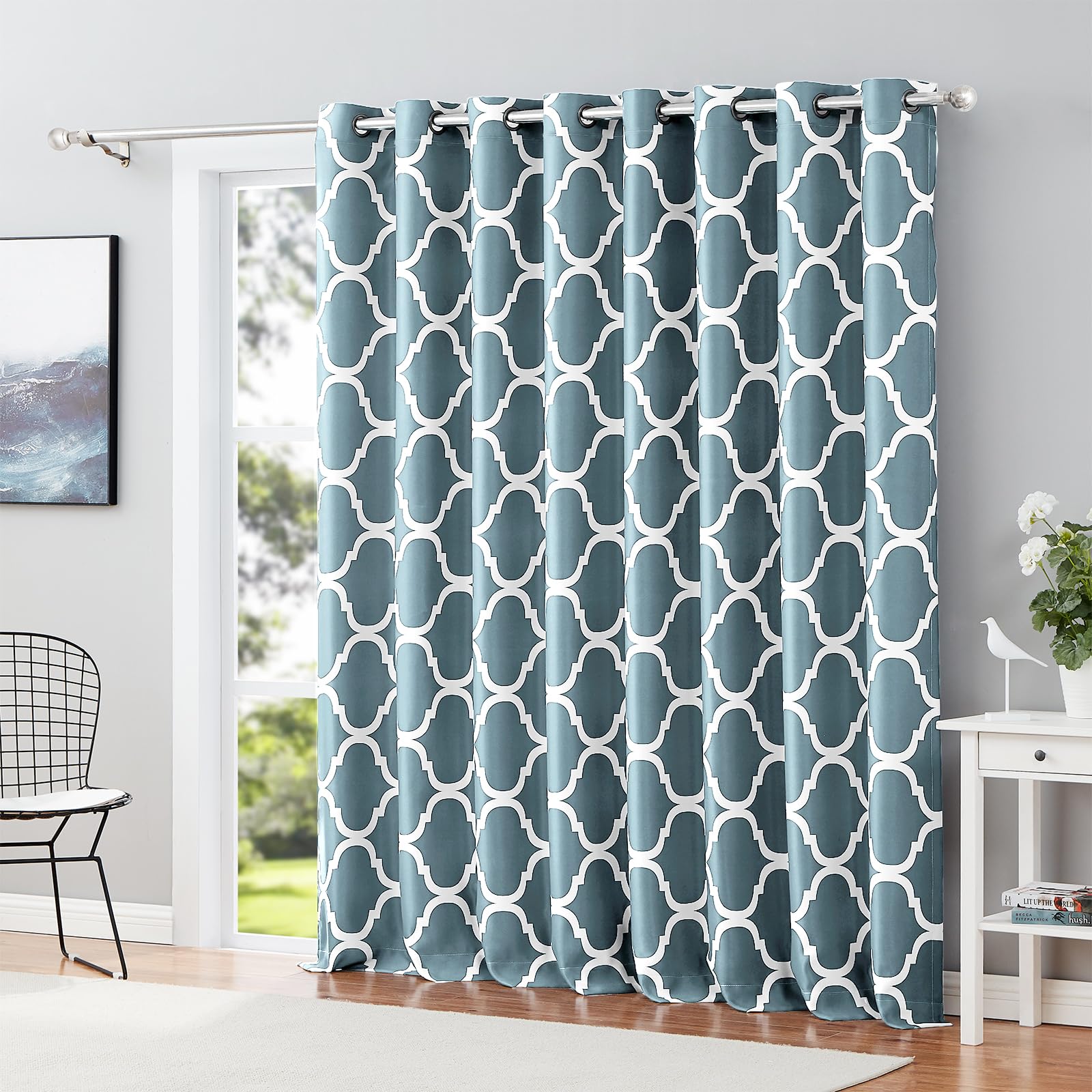 Melodieux Rideau de terrasse marocain pour fenêtre extra large, séparateur de pièce avec œillets pour porte coulissante en verre, 1 panneau (254 x 243 cm, bleu sarcelle poudré)