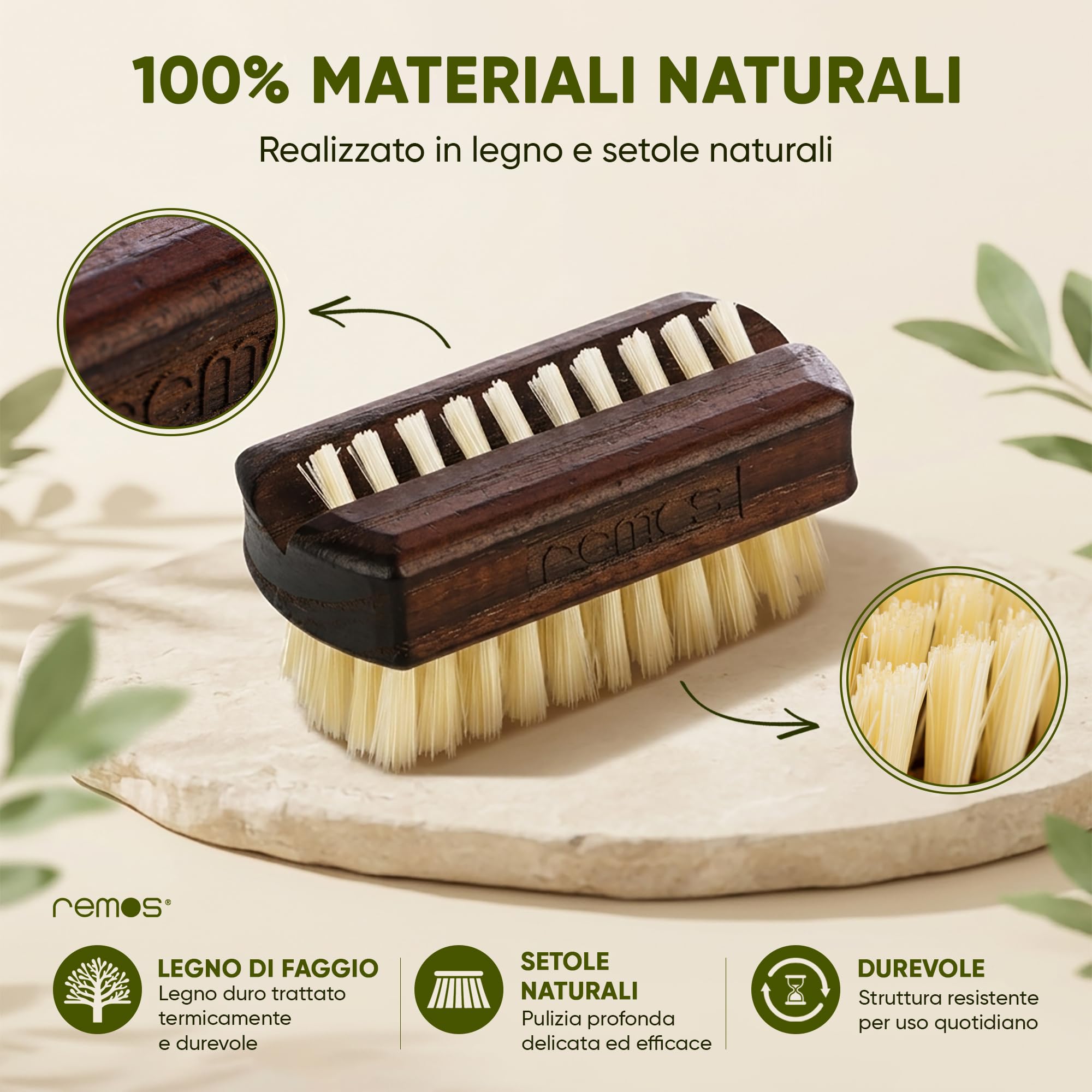 REMOS Spazzola da viaggio mini con setola naturale in legno di faggio termico