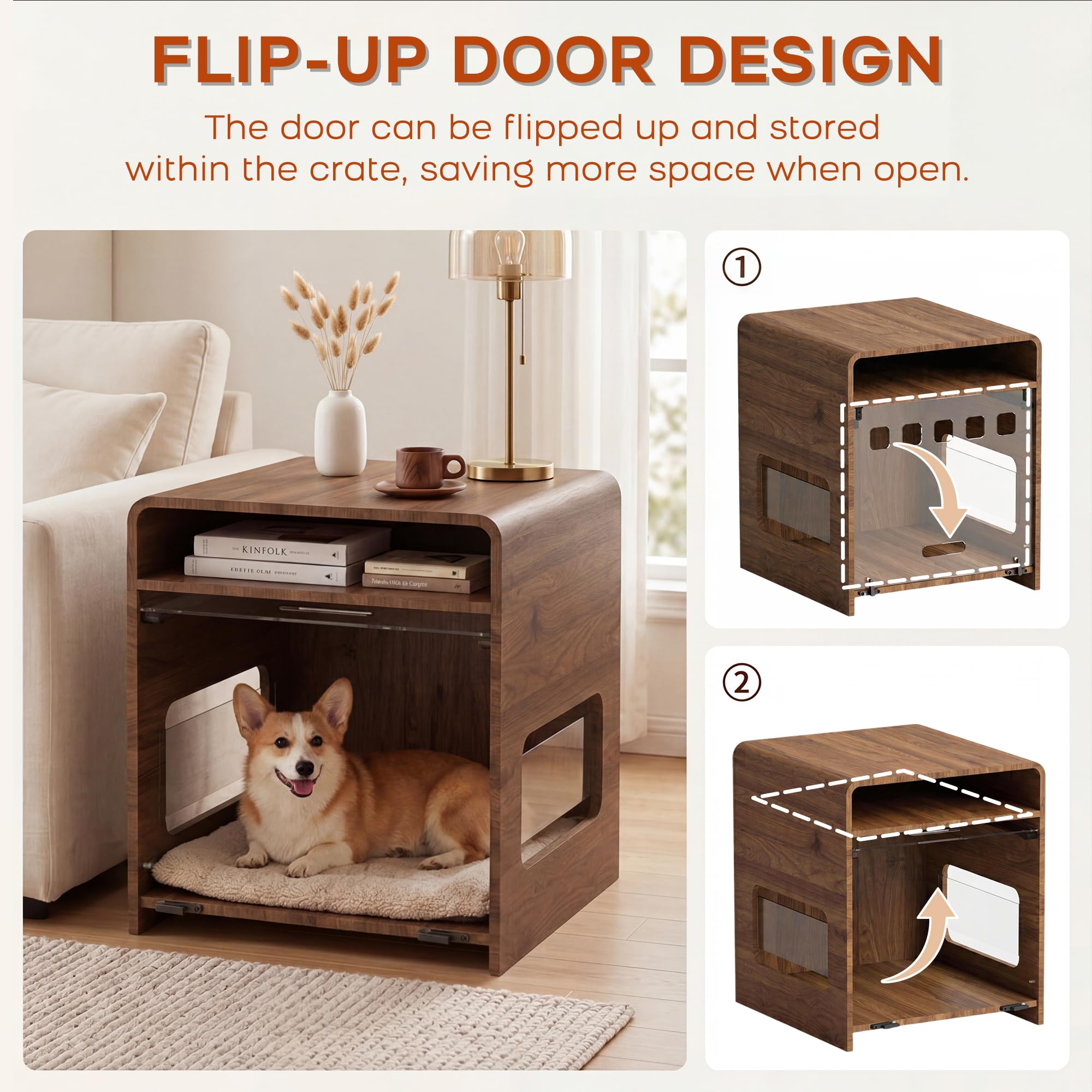 Hundebox für kleine Hunde, Hundekäfig Möbel mit Klapptür, Endtisch Hundekäfig mit Ablagefach, Indoor Haustierhaus für kleine mittelgroße Hunde, Holz Welpenhütte für Zuhause, Dunkles Holz