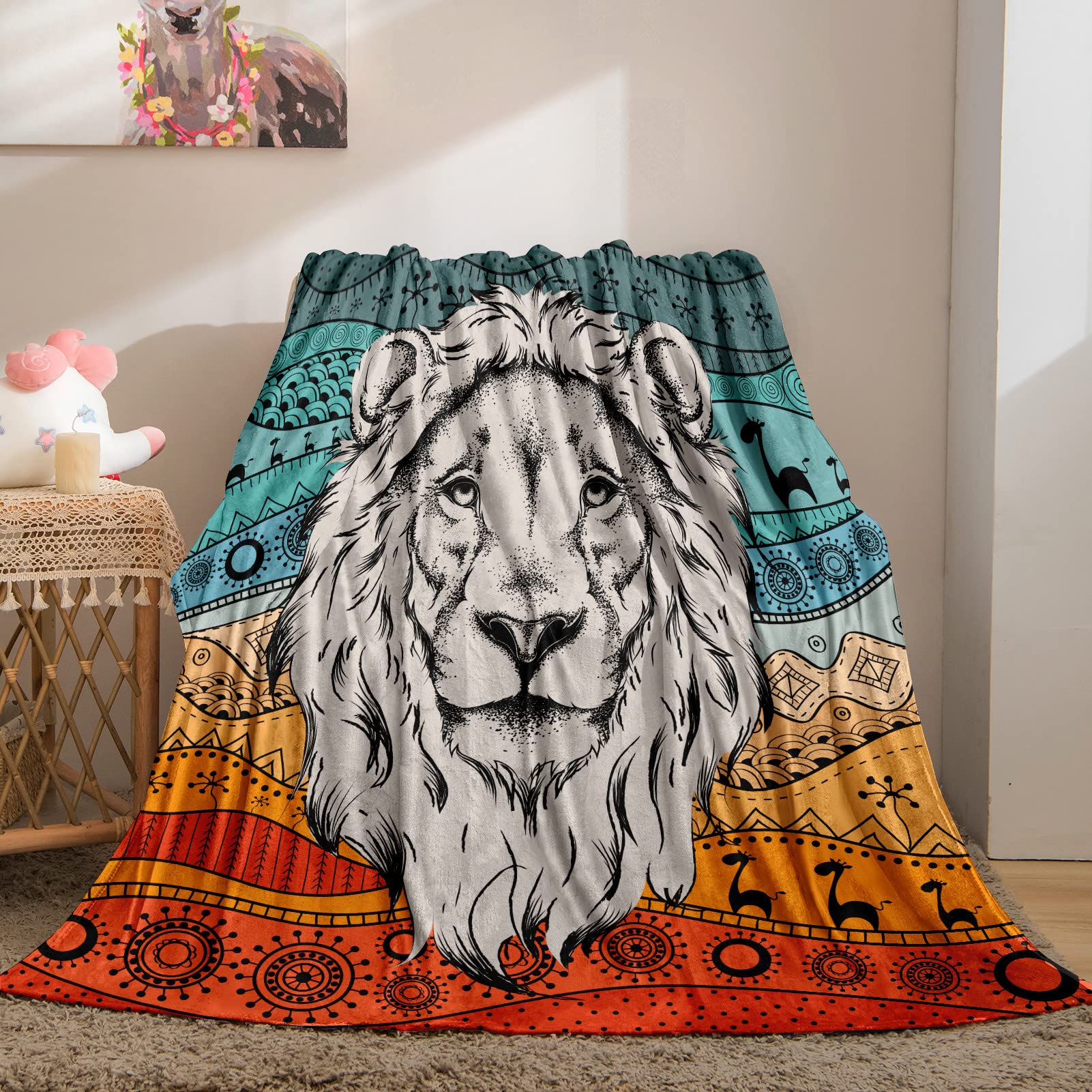 YUANZU Lion Head Blanket Throw, African Geometric Stripe Waves Boho Mandala Hippie Ethno Print Pattern Soft Cozy Flannel Baby Blanket, Warm Lightweight Plush Throw Couch Sofa Bed Cover 50x60 inch