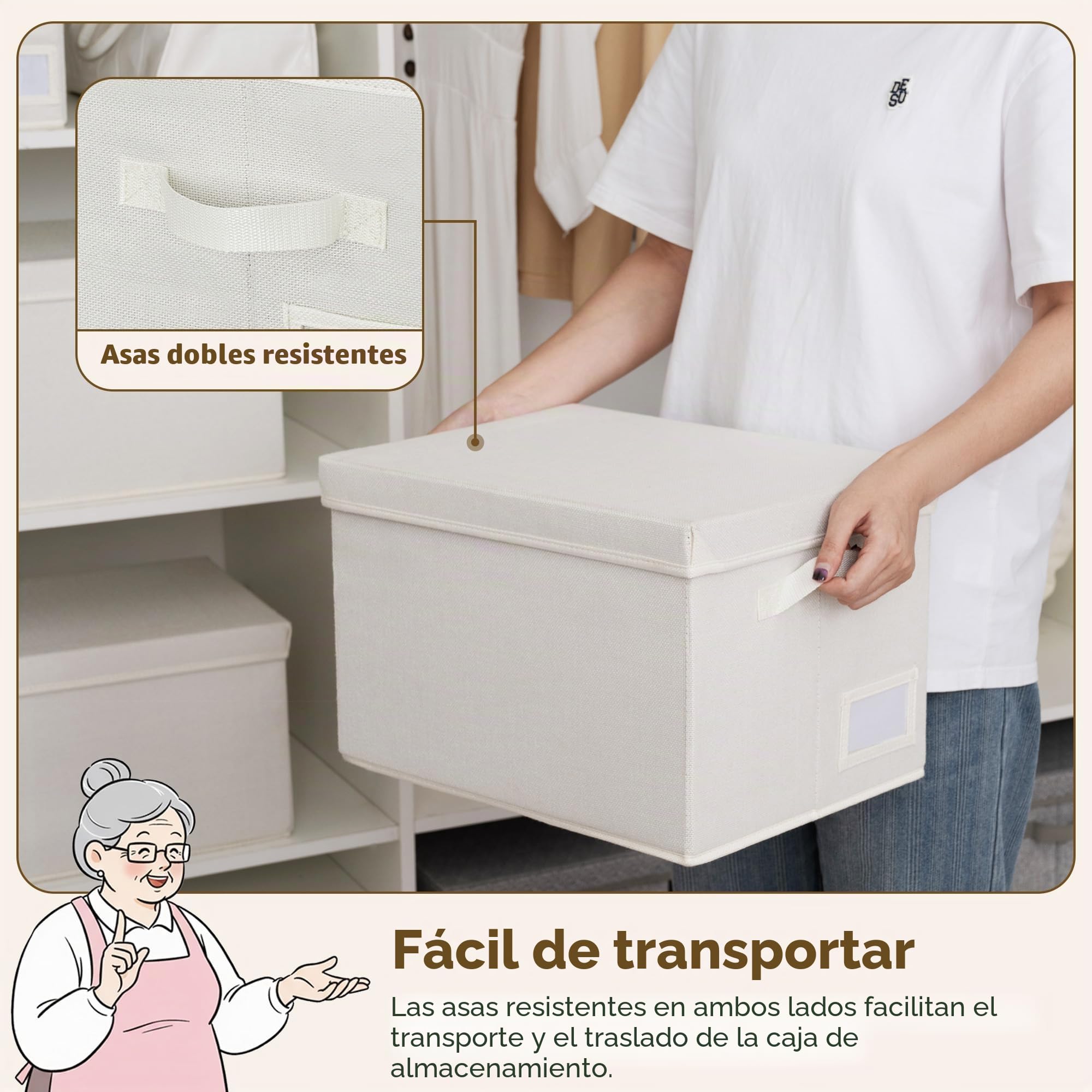 GRANNY SAYS Contenedores de tela con tapas, organizador de estantes para armario, color blanco perla, paquete de 3