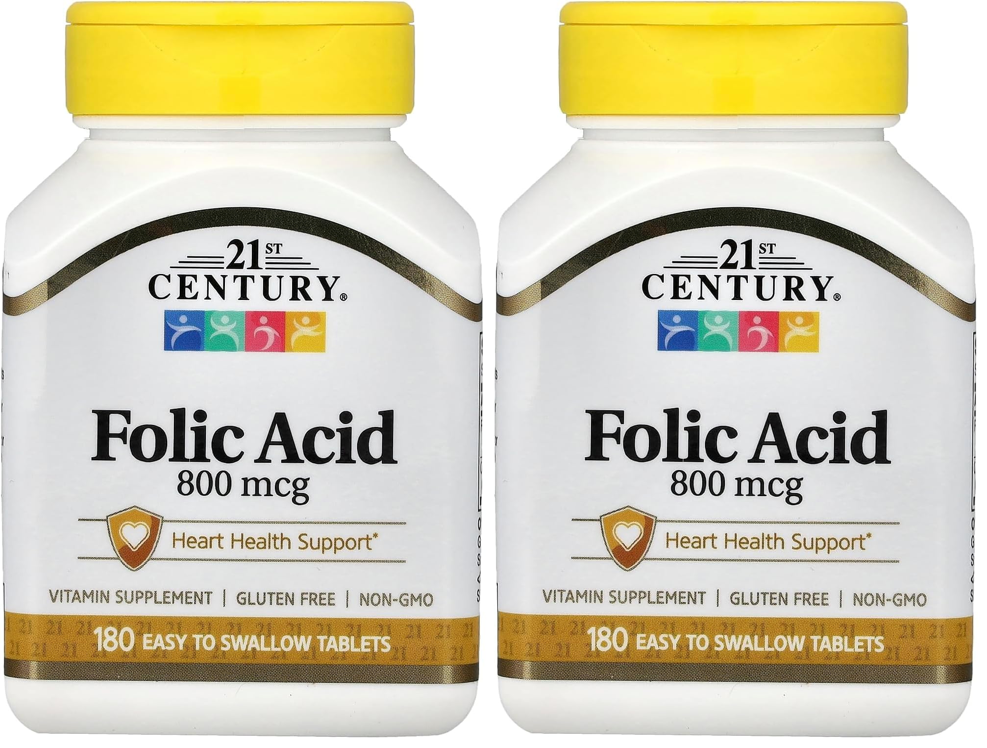 21st Century 800 mcg Folic Acid Tablets, Assorted, 180 Count (Pack of 2) Unflavored 180 Count (Pack of 2)