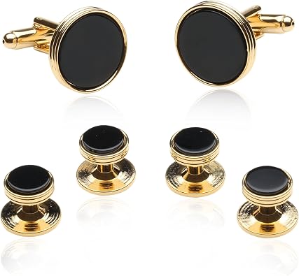 Cuff-Daddy Black Onyx and Gold Tone Cufflinks and Studs with Presentation Idea Box - 5/8" cufflinks, 3/8" studs Black Gold Cufflinks and Studs - Unique Mens Accessories for Wedding