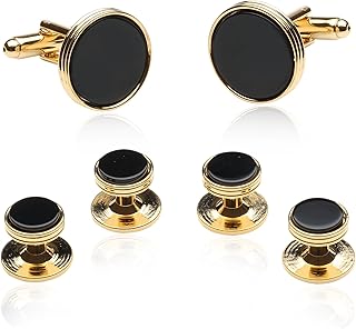Black Onyx and Gold Tone Cufflinks and Studs with Presentation Box Unique Men Cufflinks for Wedding Anniversary Special Occasions Jewelry Presentation Box