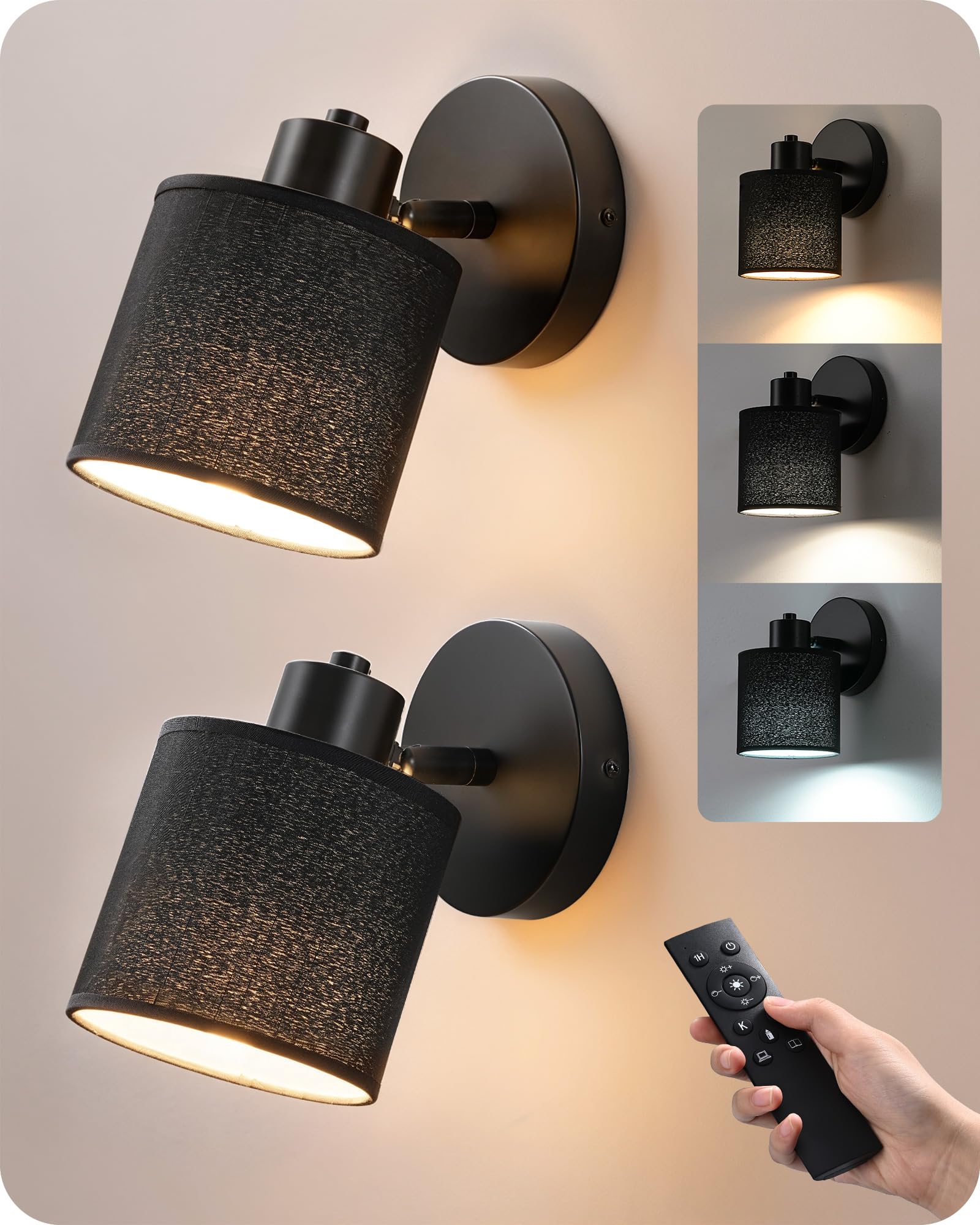 EDISHINE 2 Pack LED Wall Lamp with Remote Control, 350° Rotatable Dimmable & Adjustable Color Temperature, Black Wall Sconce with Fabric Shade, E27 Light Bulbs for Bedroom, Living Room, Hallway