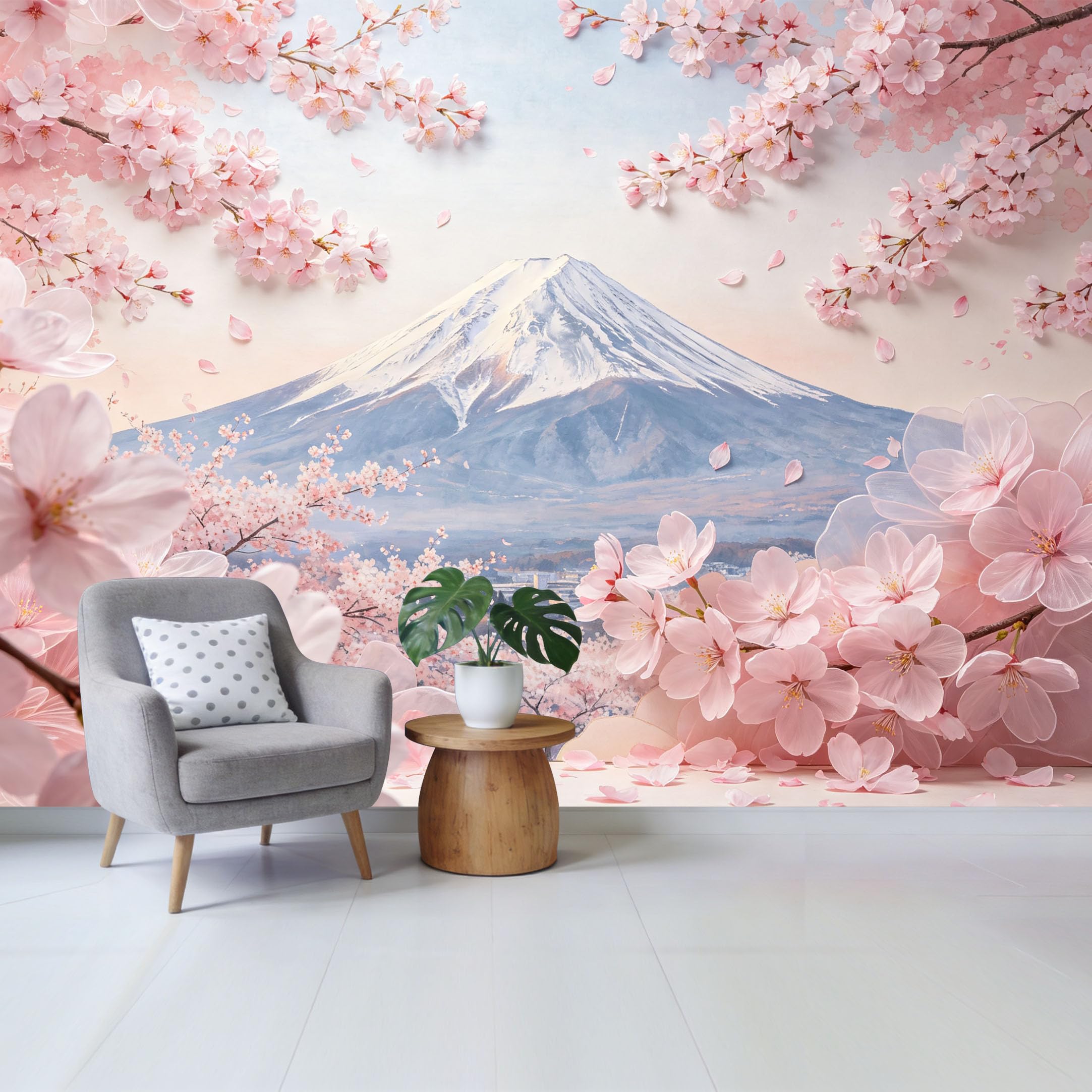 Custom Size Wall Mural Majestic Snowy Mountain Pink Cherry Blossom Landscape Watercolor SelfAdhesive Wall Fabric Removable Wallpaper for Home Office Decor