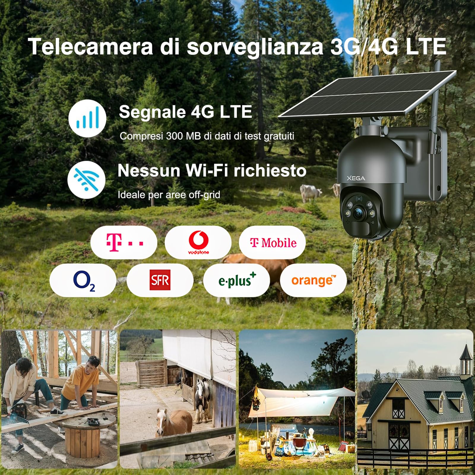 Xega 4G LTE Telecamera Solare Esterno con SIM Scheda 2K HD 355°/95° PTZ Telecamere Senza Fili con Pannello Solare Batterie Visione Notturna Rilevamento del Movimento Audio Bidirezionale Rotazione