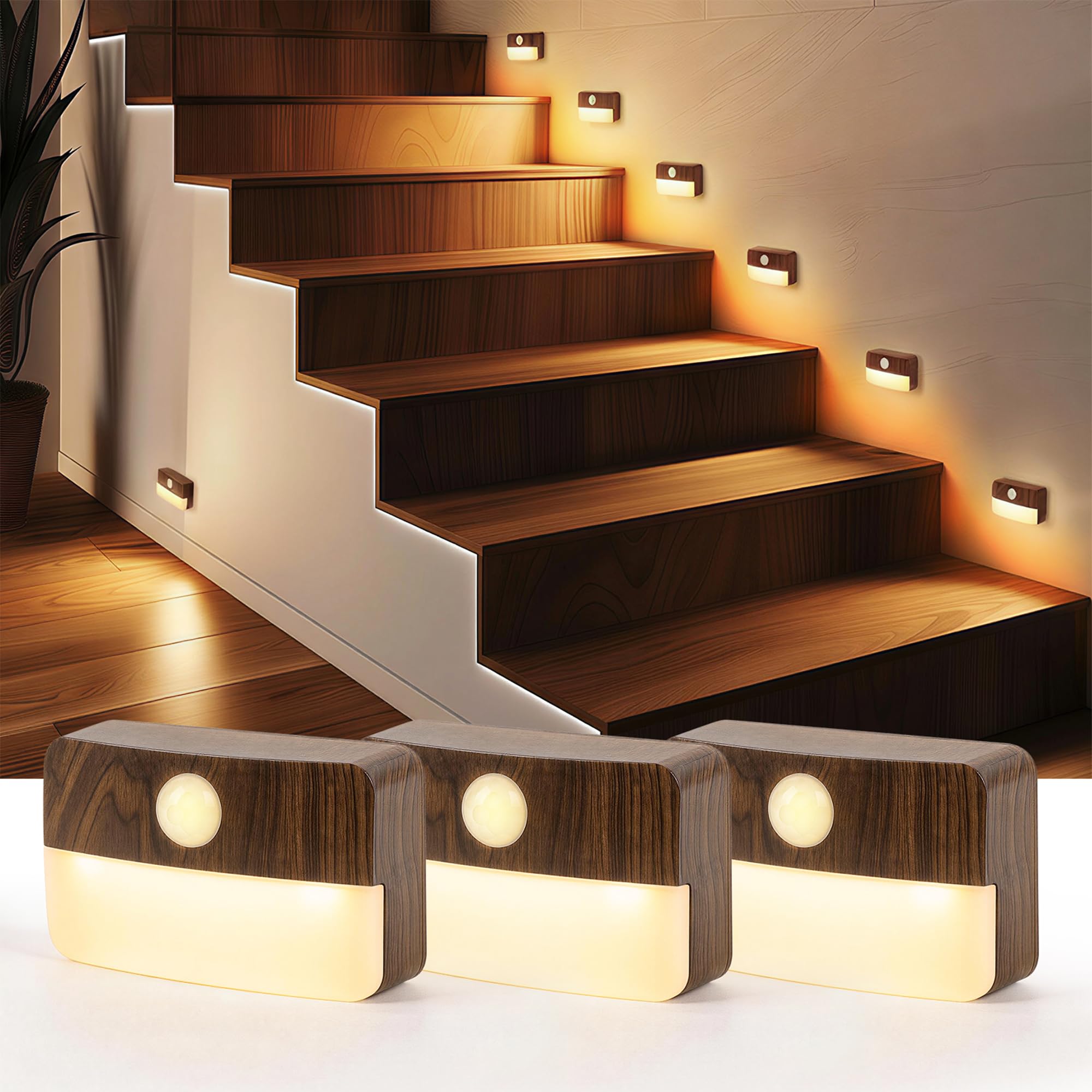 Guankai 3 Pack Motion Sensor Stair Light Indoor, Wood Grain