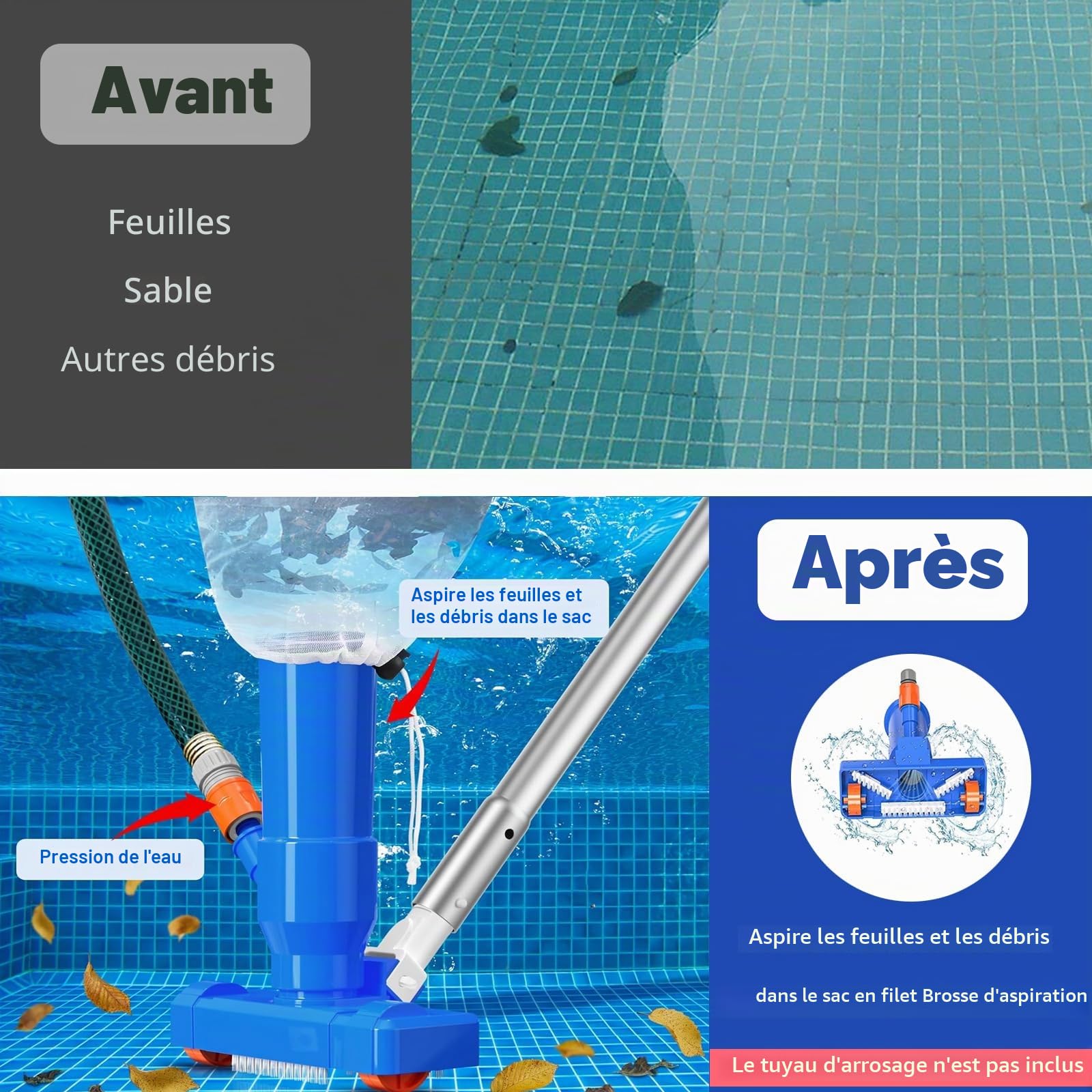 Kit aspirateur de piscine portable Jet Vacuum Head avec tige télescopique, kit de nettoyage avec brosse à récurer et filet de skimmer pour le nettoyage des feuilles, de la saleté, du sable, de la boue