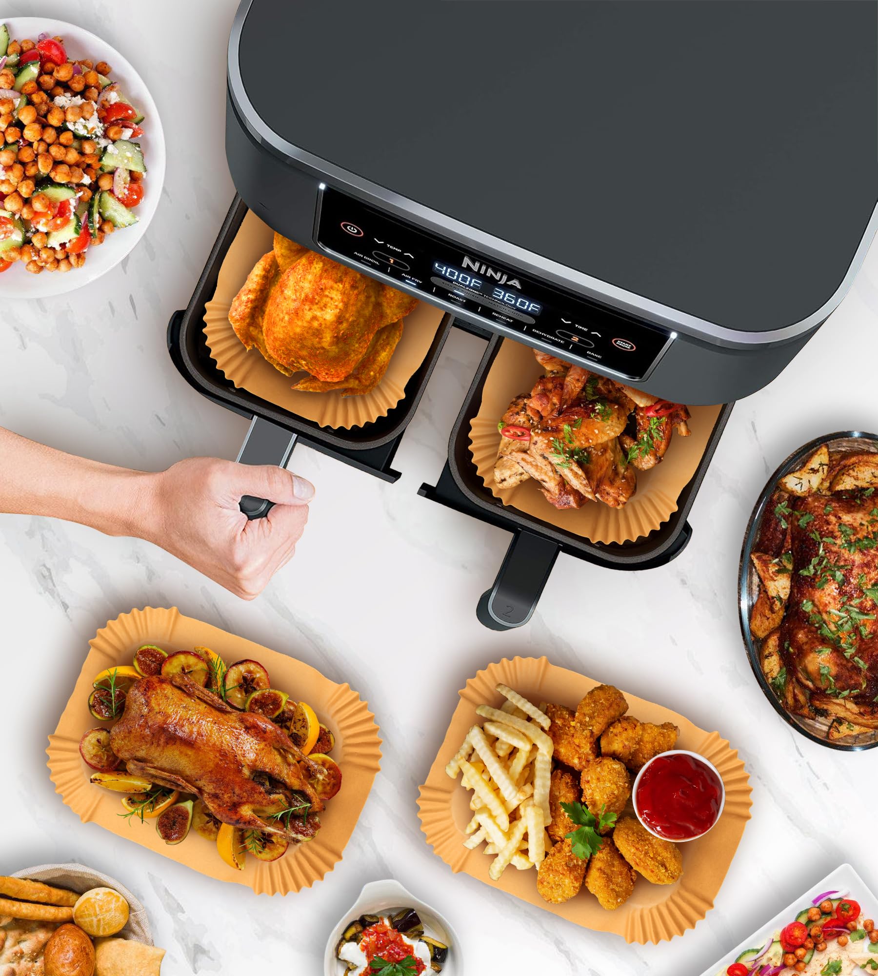 Papier Cuisson Air Fryer 100 szt, Papier Sulfurisé Air Fryer Accessoires Double Stack XL SL400EU, AF400EU, AF300EU, 22x14cm Rectangulair Paper Liners Friteuse Sans Huile