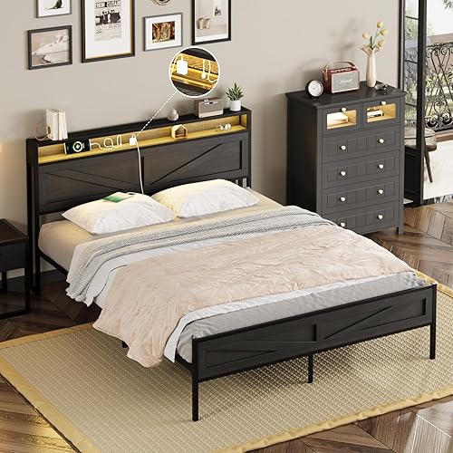 Miniatura 47 de Base de cama LED tamaño Queen con estación de carga y 4 cajones, plataforma de metal con cabecero de puertos USB, marco de cama de granja con luces