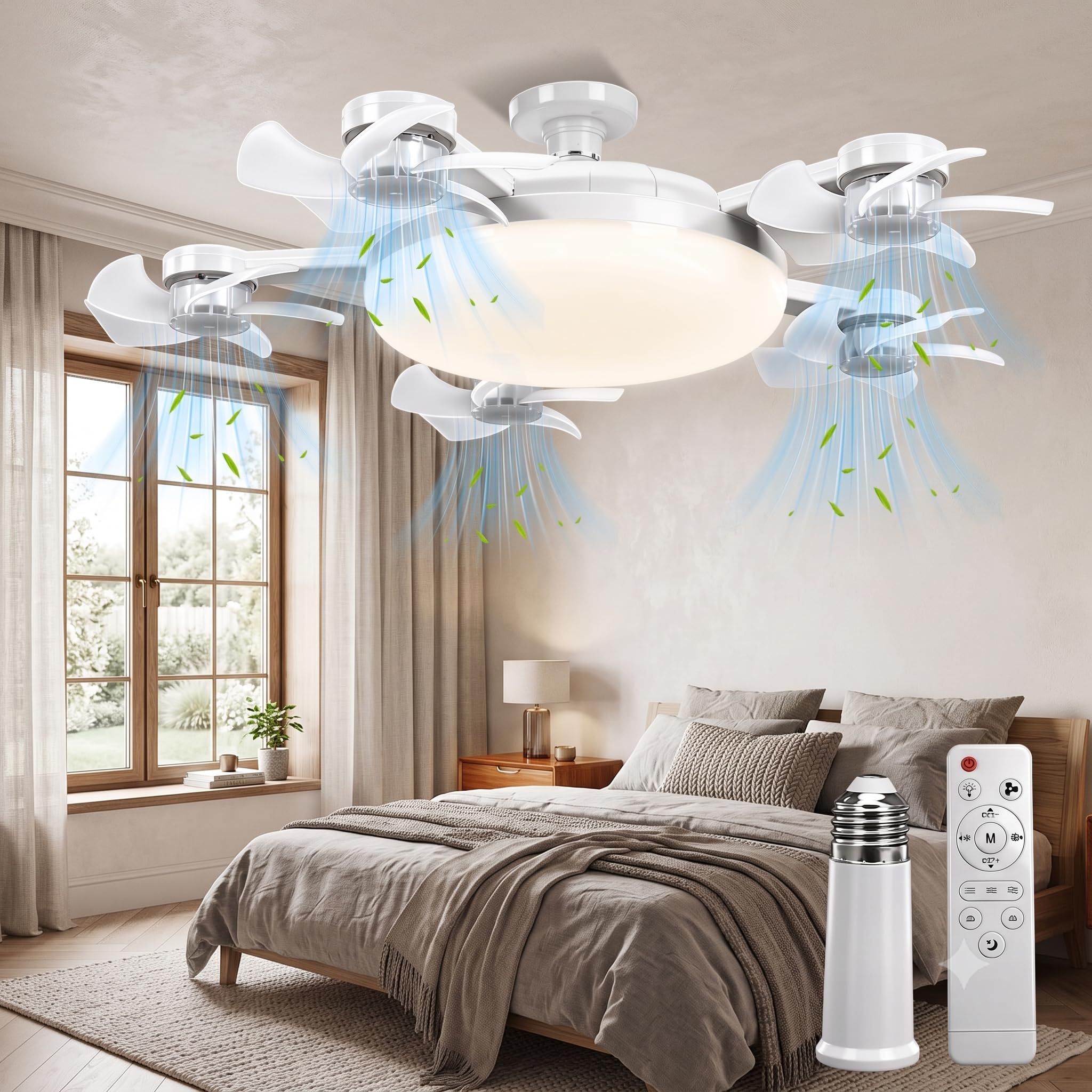 5 Head Ceiling Fans with Lights and Remote, Foldable E27 Ceiling Fan