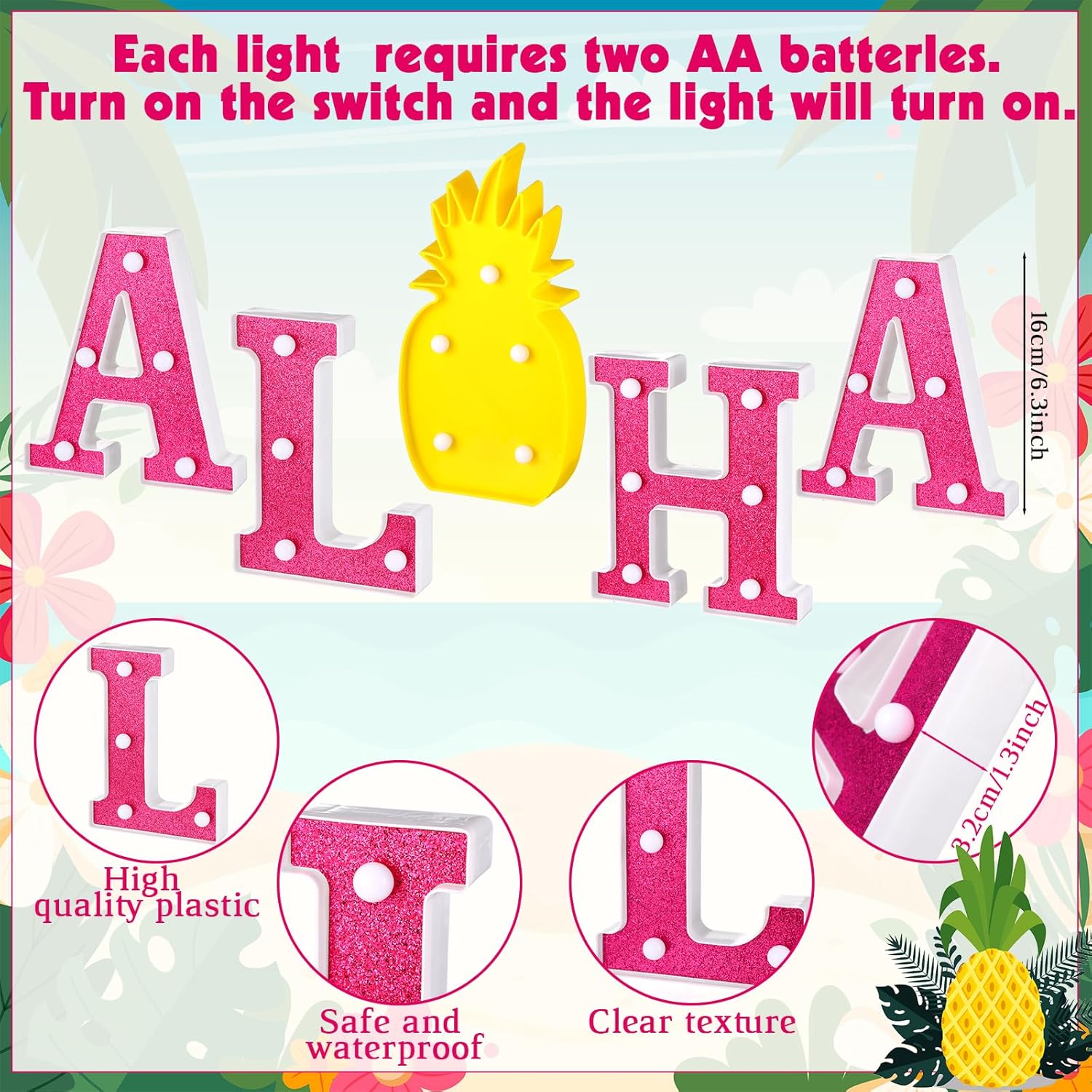 Honoson 5 Pcs Hawaiian Luau Aloha Party Decoration Aloha Letter LED Pineapple Lights Sign Summer Tropical Table Decorations Tropical Hawaiian Summer Beach Pool Party Supplies