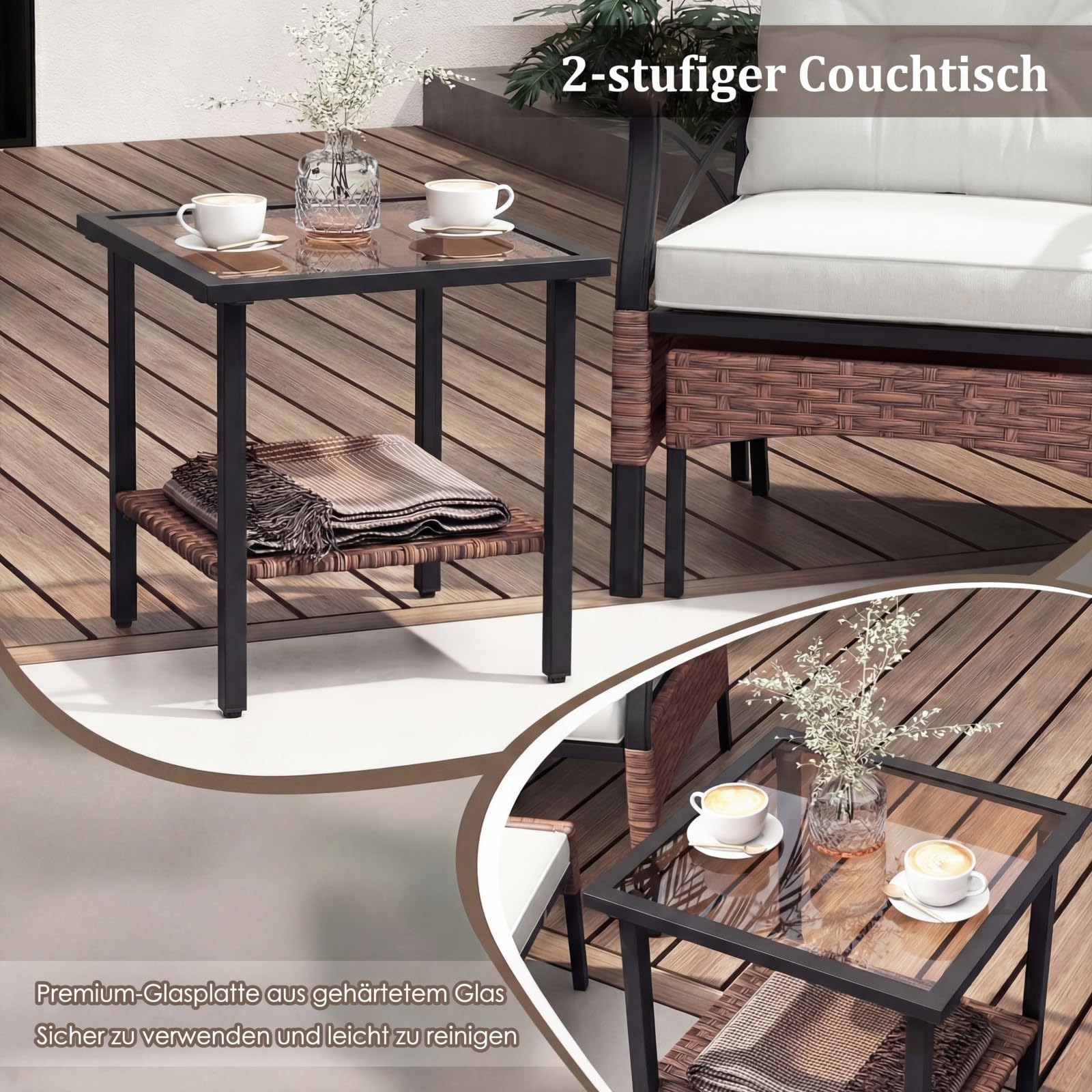 COSTWAY Rattan Gartenmöbel Set, 5-teiliges Balkonmöbel, Balkonset inkl. 2 Stühle mit Kissen, Hocker & Tisch, Terrassenmöbel, Gartengarnitur, Sitzgruppe für Garten, Balkon, Terrasse (Braun + Beige)