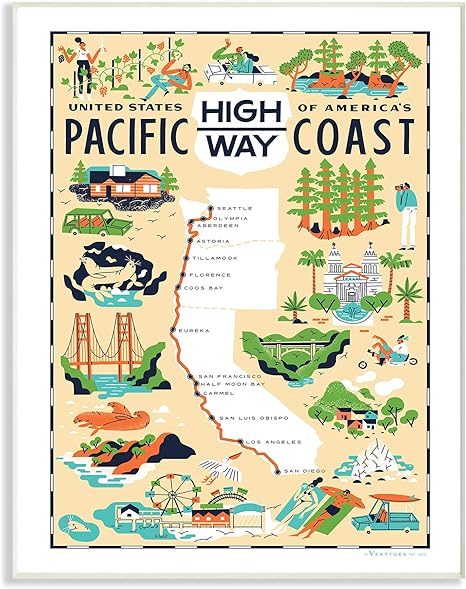 Pacific Coast Highway Map Amazon.com: Stupell Industries Us Pacific Coast Highway Pale Yellow  Illustrated Scenic Map Poster Oversized Wall Plaque Art, 12 X 0.5 X 18,  Multi-Color : Everything Else