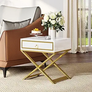 DWVO Modern White Nightstand with Drawer Solid Wood Small Bedside Table Gold Metal Frame Fully Assembled End Table for Living Room Bedroom